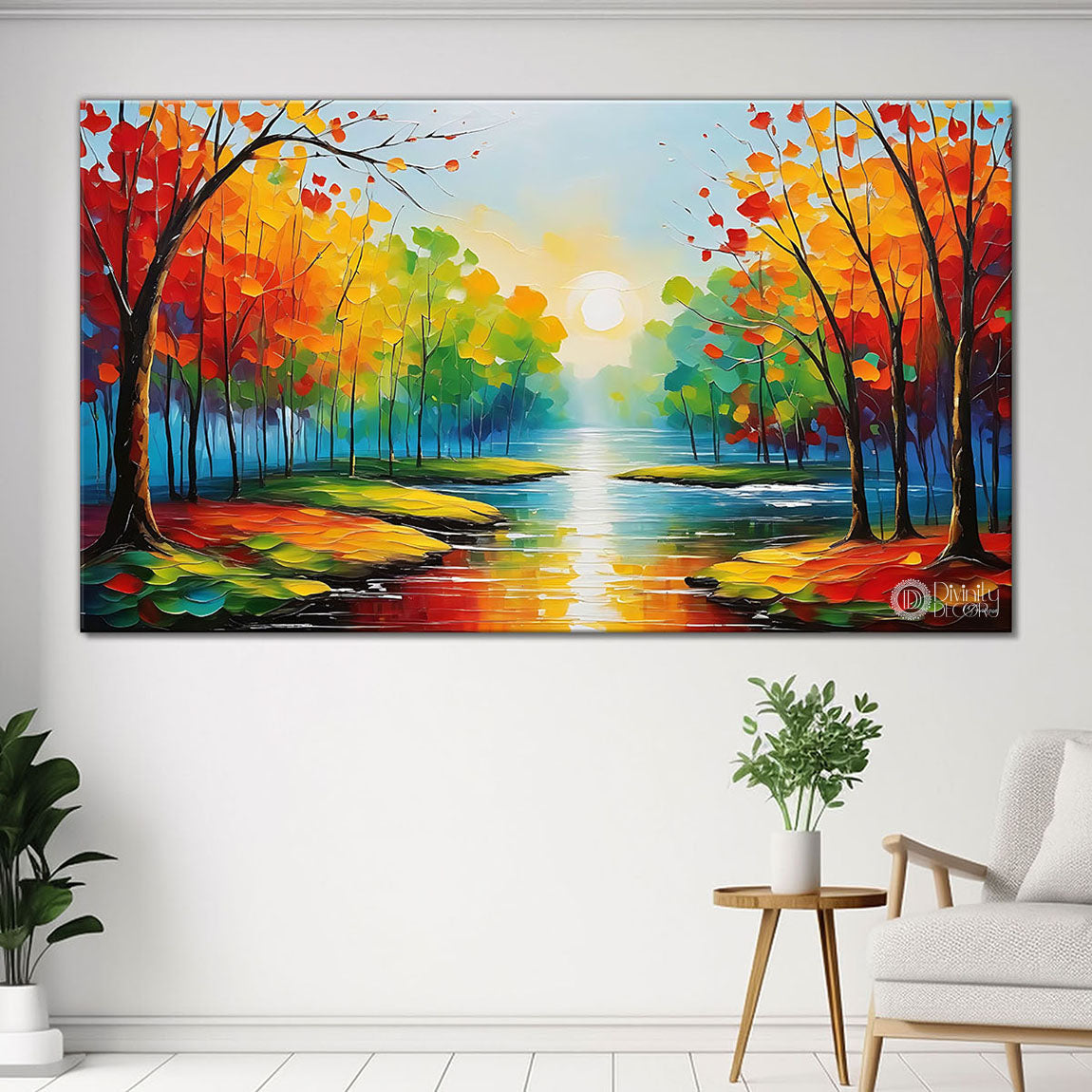 Colorful trees with lake in textured natural painting Canvas Painting - Nature Art -98
