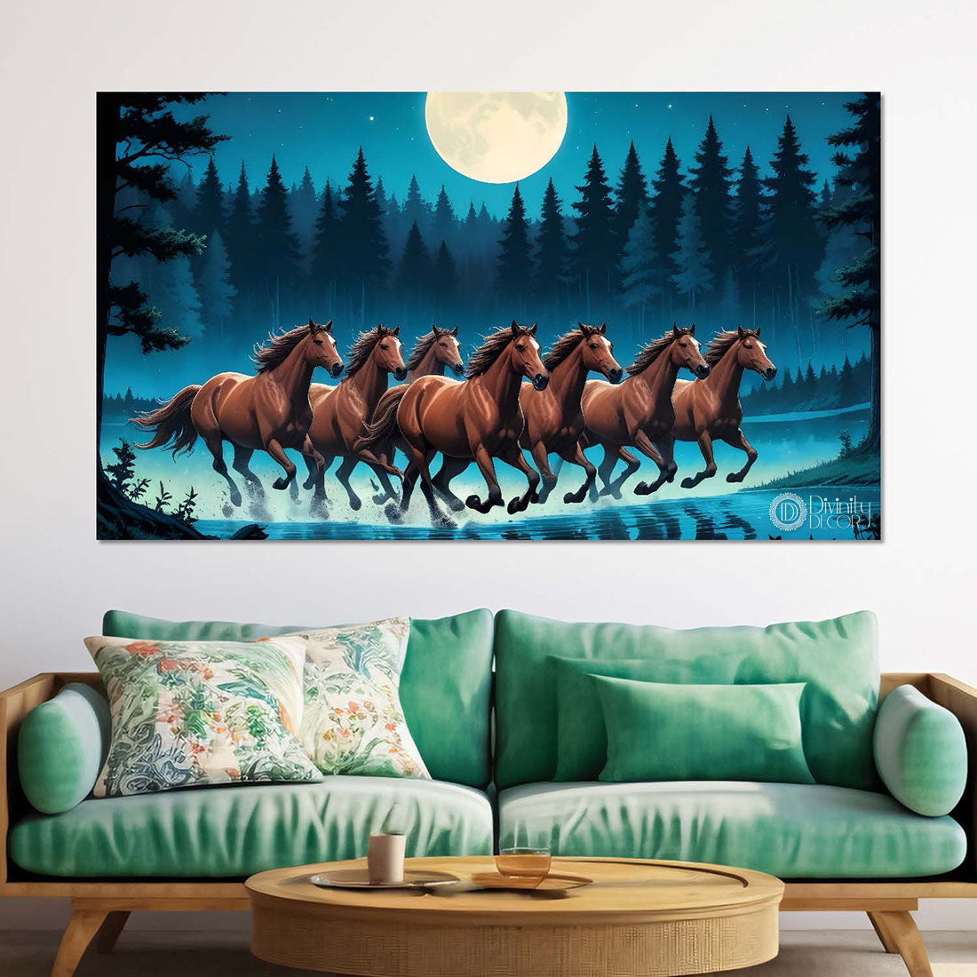 Brown running horses with trees and moon in blue textured background art Canvas Painting - Design - Horse-98