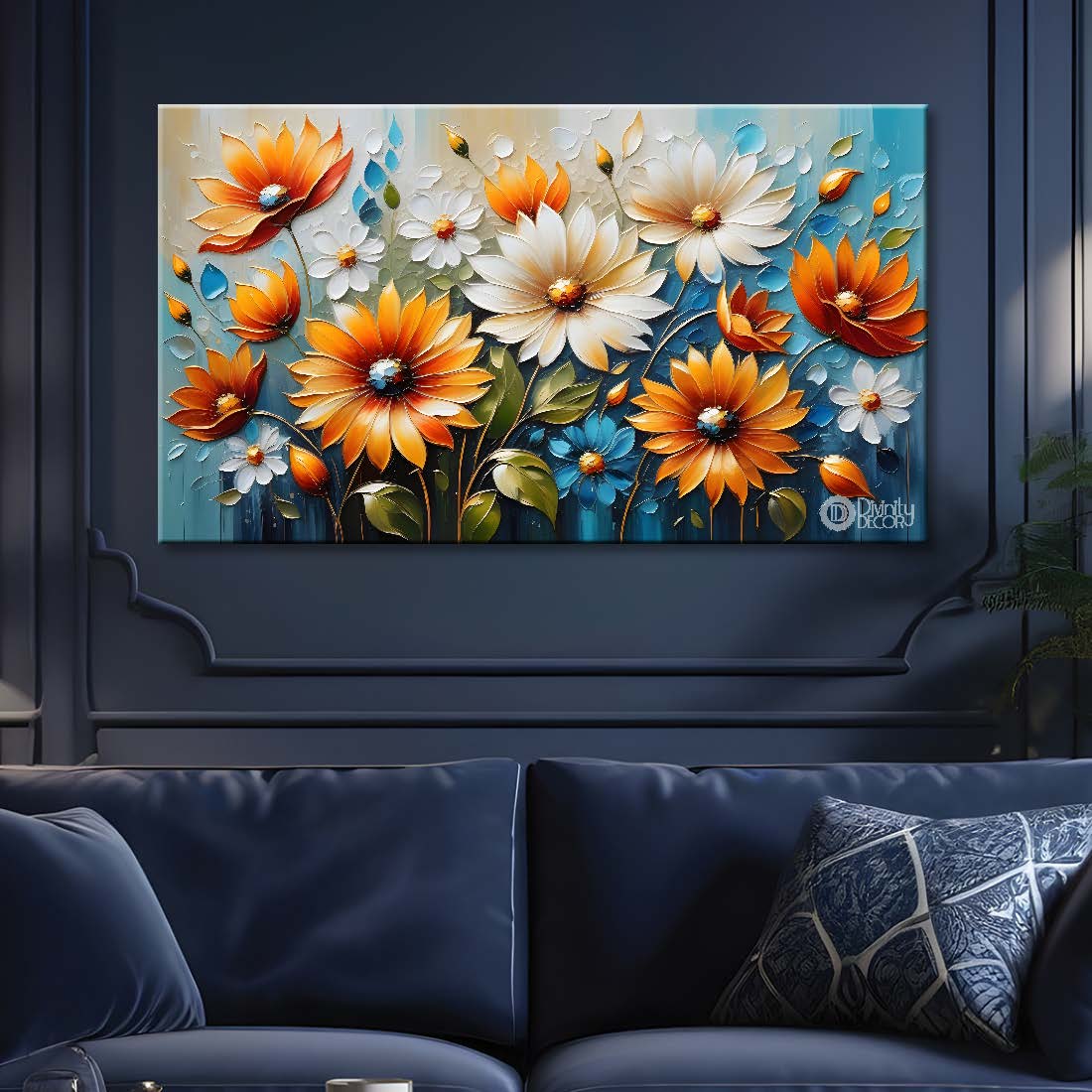 Colorful flowers with blue textured background painting- Design - Flower-98