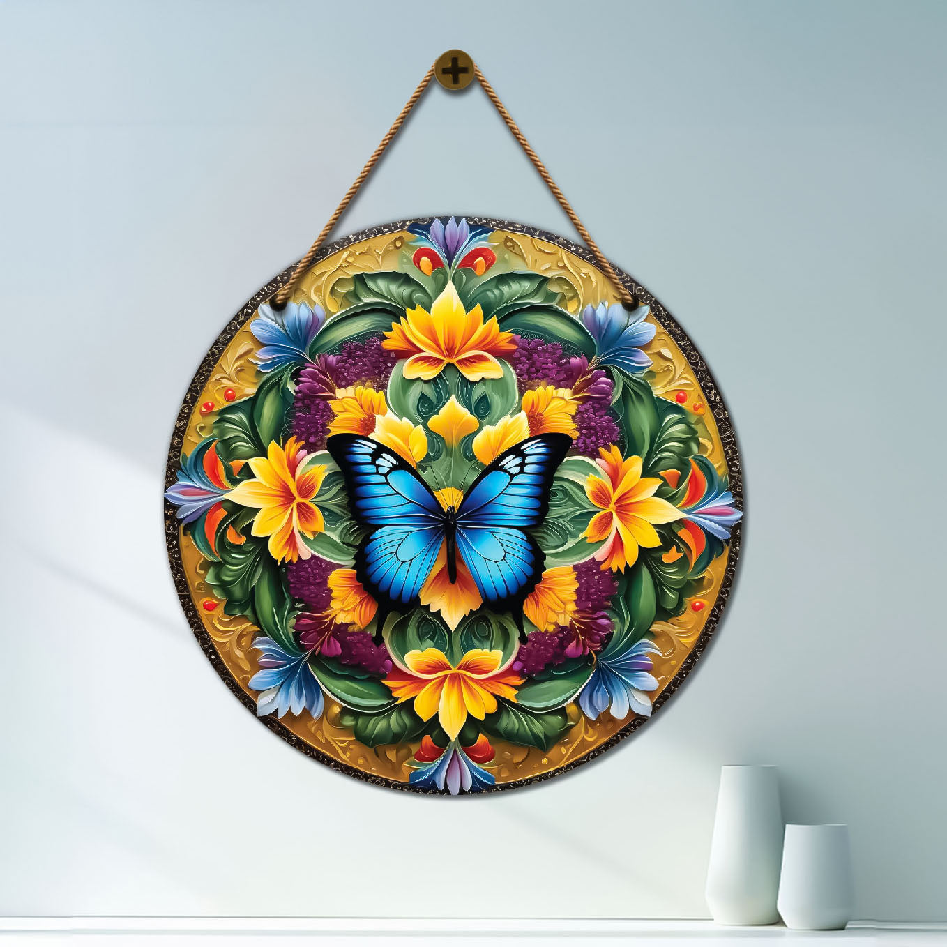 Blue Butterfly in green and floral mandala Round Wooden Wall Hanging for wall Décor - Design - 98