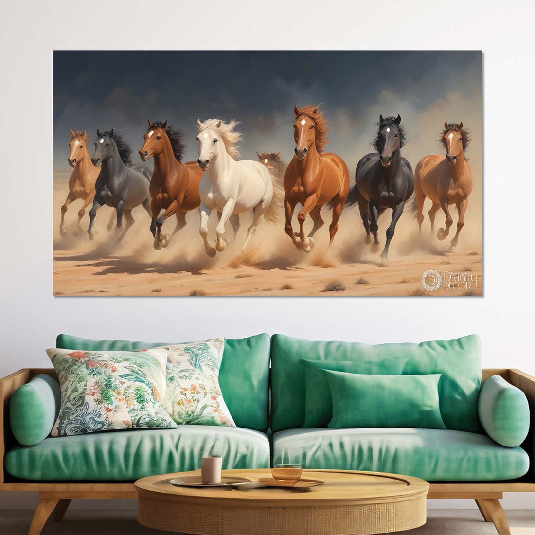White, brown and black running horses in grey textured background art Canvas Painting - Design - Horse-99