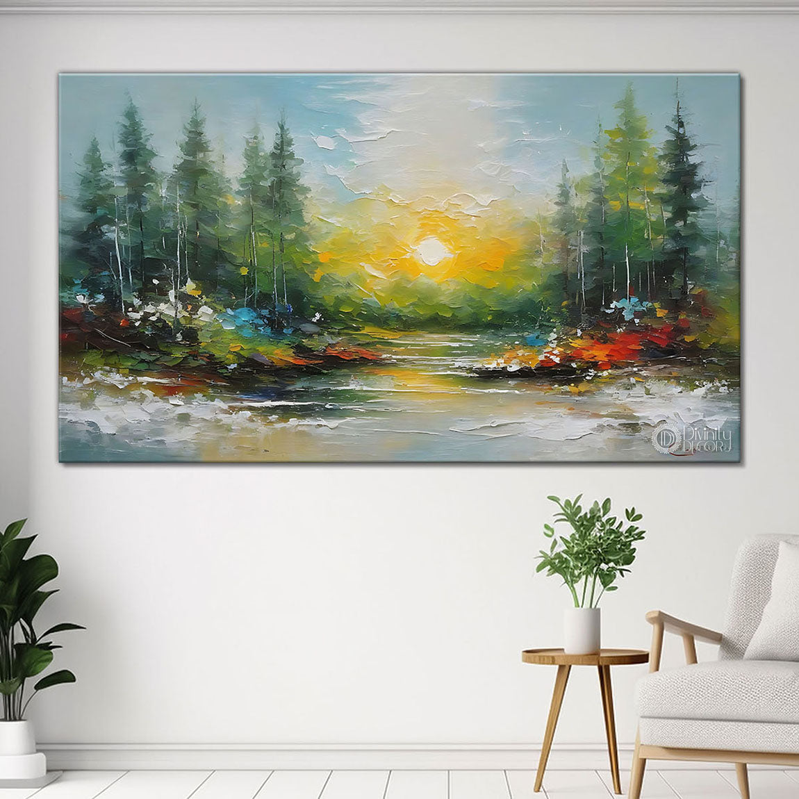 Trees with sunrise and lake in textured water color painting Canvas Painting - Nature Art -99