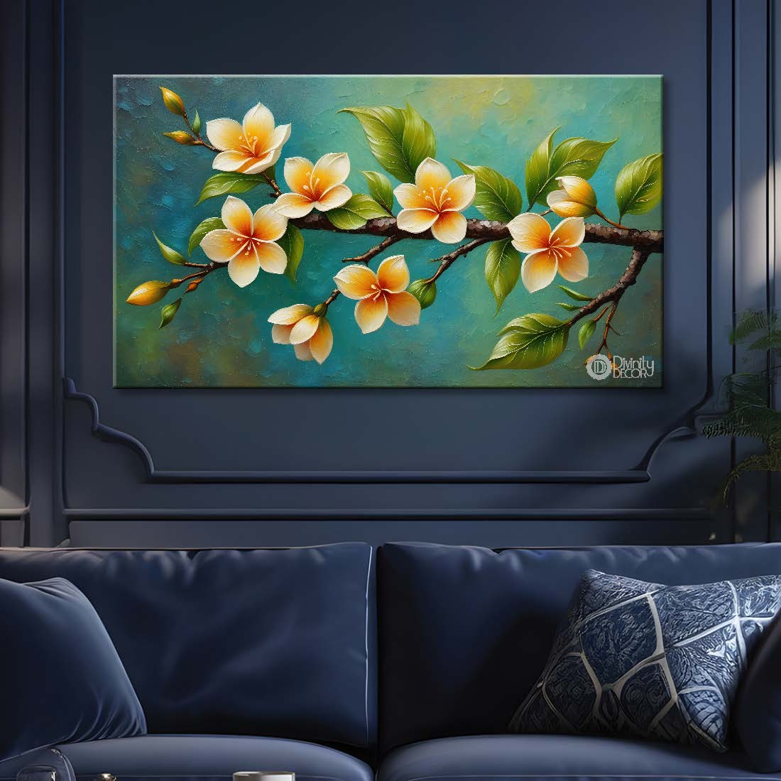 White flowers with green leaves textured painting- Design - Flower-99