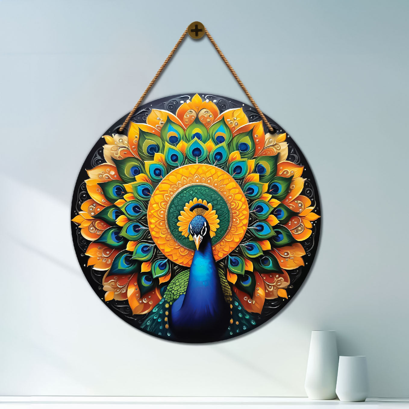 Peacock in green and yellow mandala Round Wooden Wall Hanging for wall Décor - Design - 99