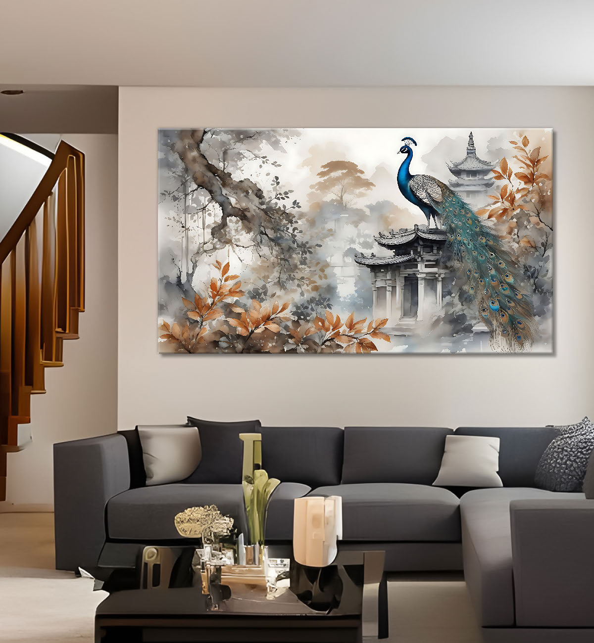Peacock with grey textured background Canvas Painting - Design - Peacock-9