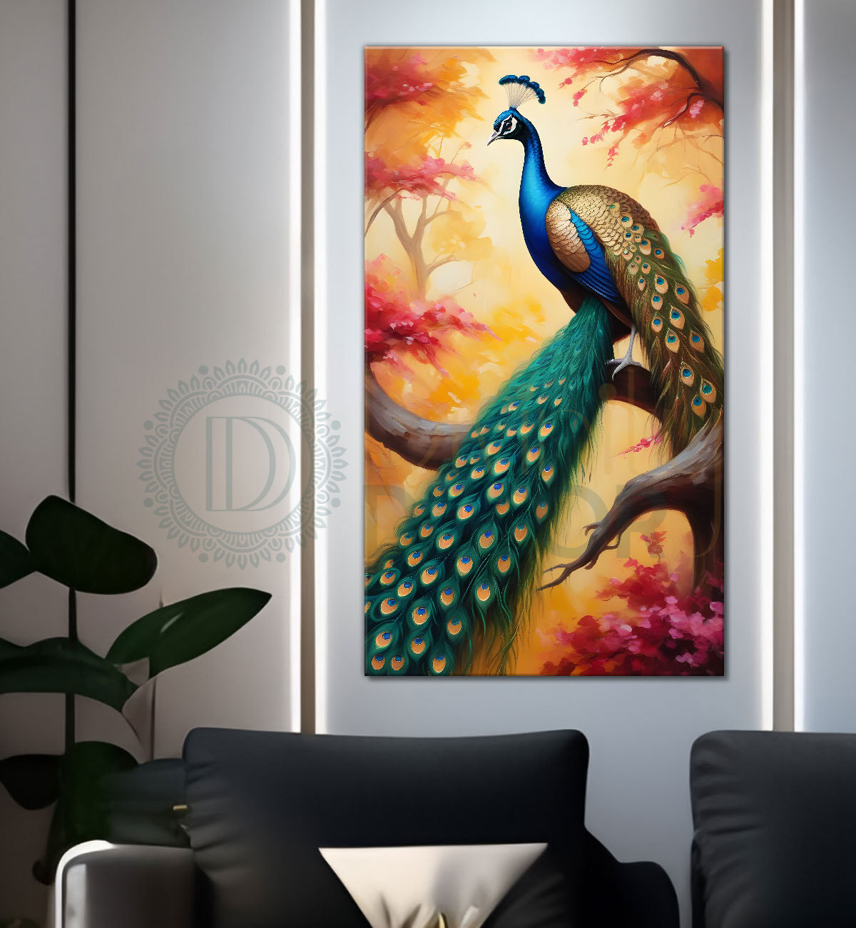 Peacock on branch with bright background modenr art  - Design - Peacock-V-9