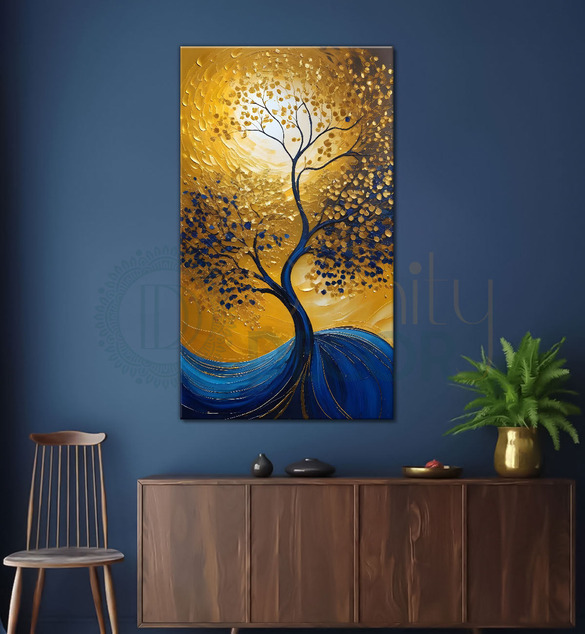 Blue tree with golden textured background with sunrise modenr art Canvas painting - Tree-V-9