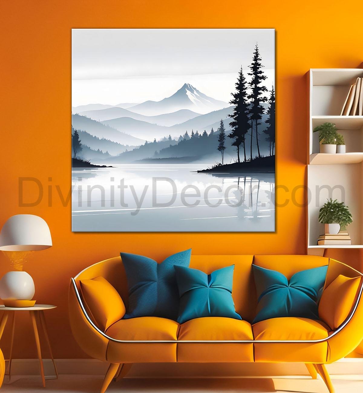 Mountains with tree and river in water colour painting     24X24  - Nature Art -S-100