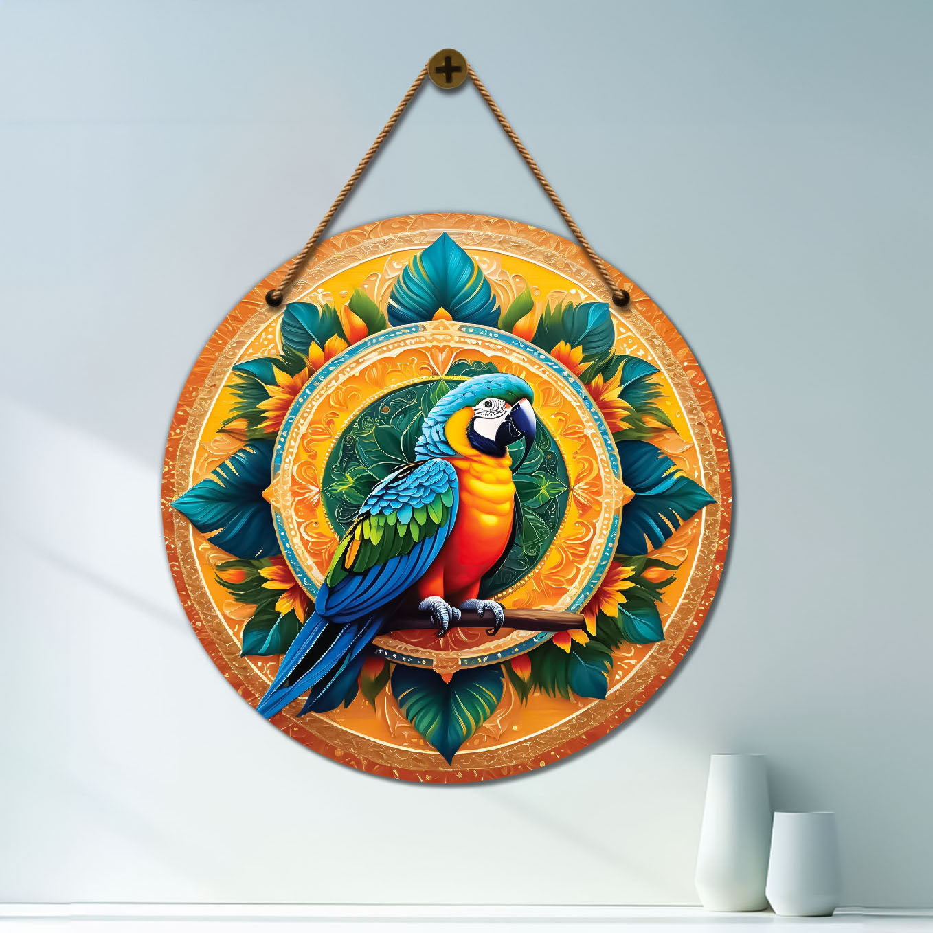 Parrot in green and yellow mandala Round Wooden Wall Hanging for wall Décor - Design - 100
