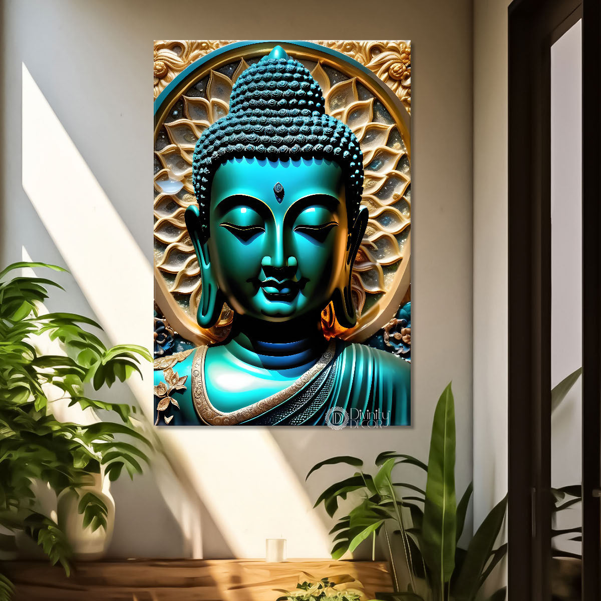 Blue buddha face with golden chakra  painting - Buddha-V-100
