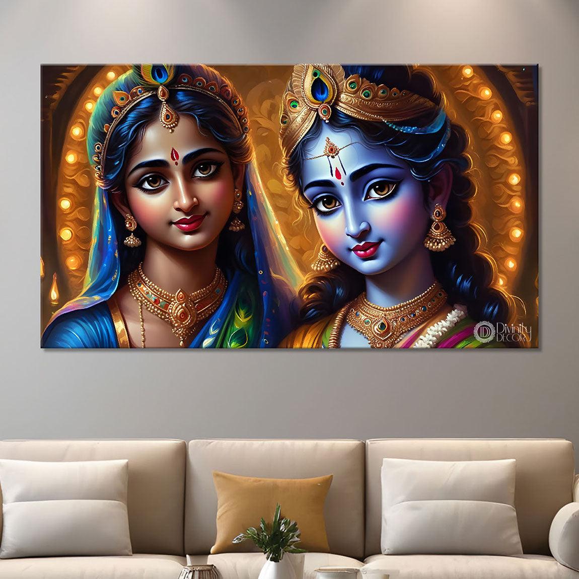 Blue face Krishna and Radha with yellow painting Canvas Painting - Design - Krishna-100