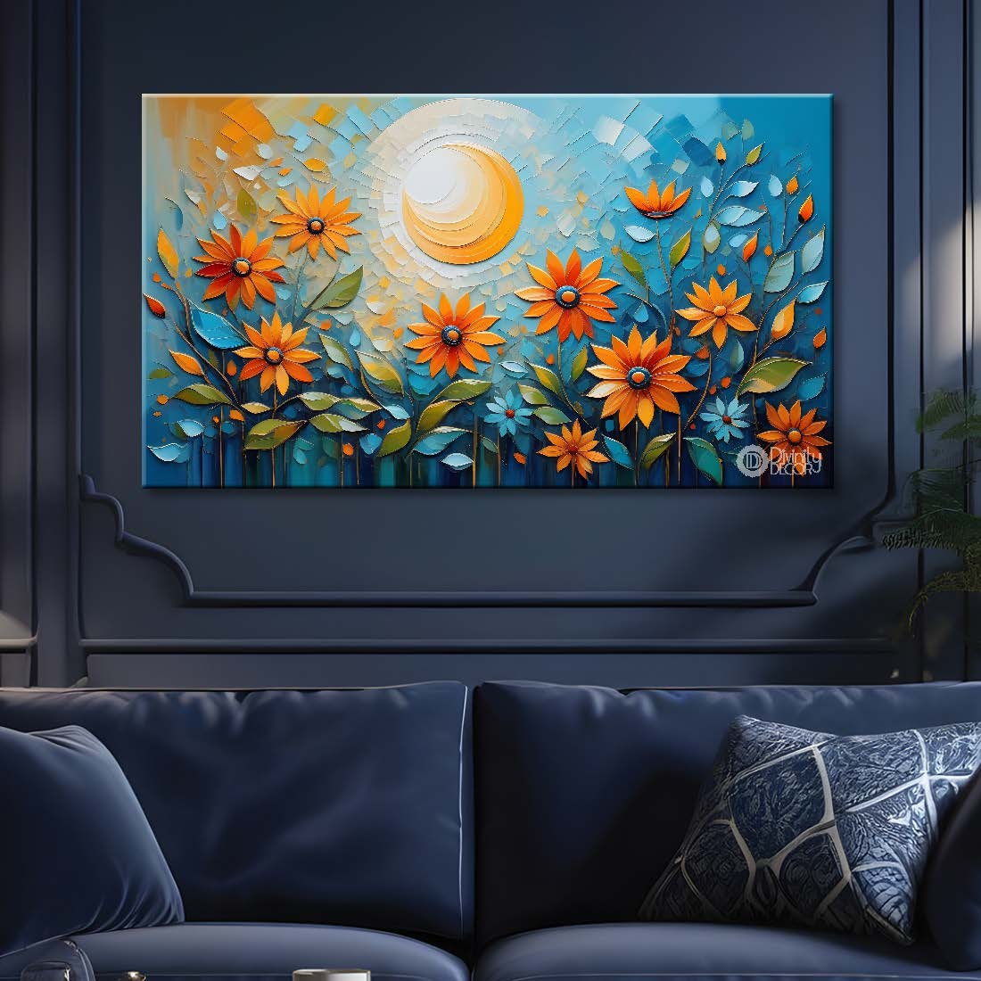 Colorful flowers with blue textured background painting- Design - Flower-100