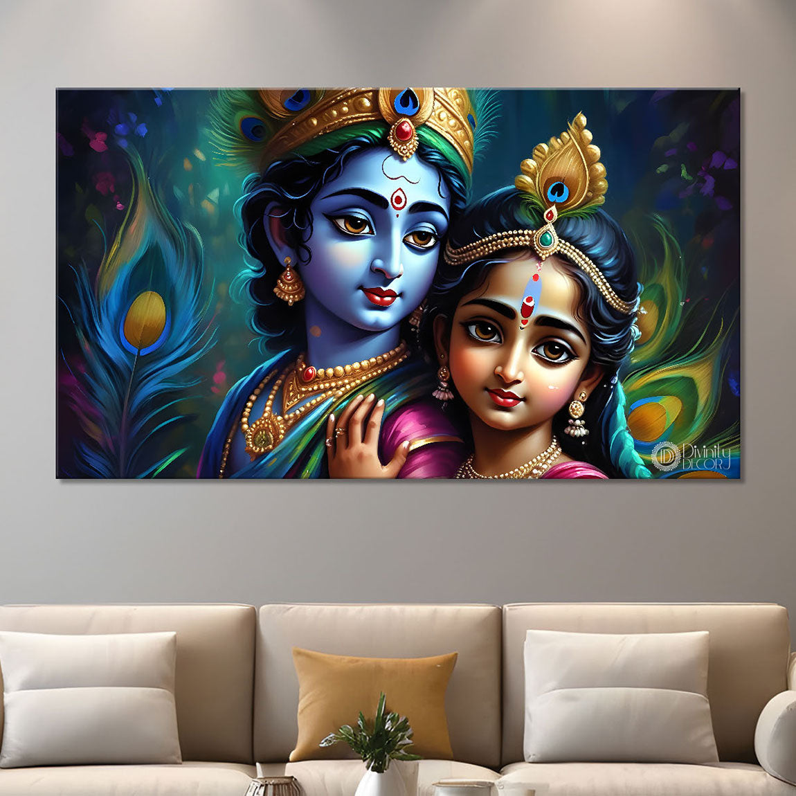 Little Krishna and Radha with peacock feathers painting Canvas Painting - Design - Krishna-101