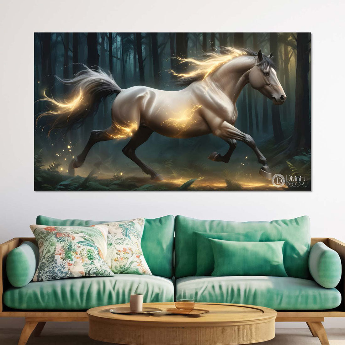 Grey running horse with yellow detailing and trees in textured background art Canvas Painting - Design - Horse-101