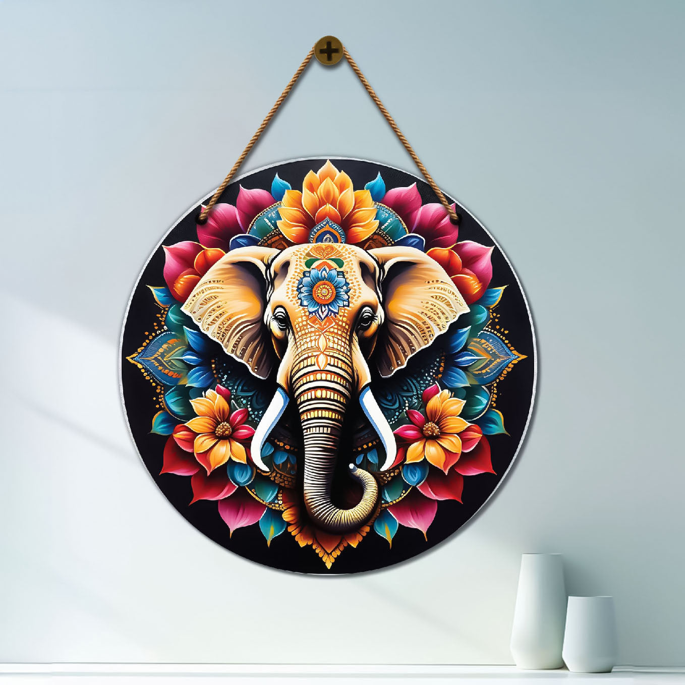 Elephant in floral and black mandala Round Wooden Wall Hanging for wall Décor - Design - 101