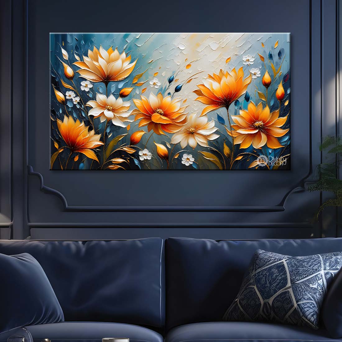 Colorful flowers with blue textured background painting- Design - Flower-101