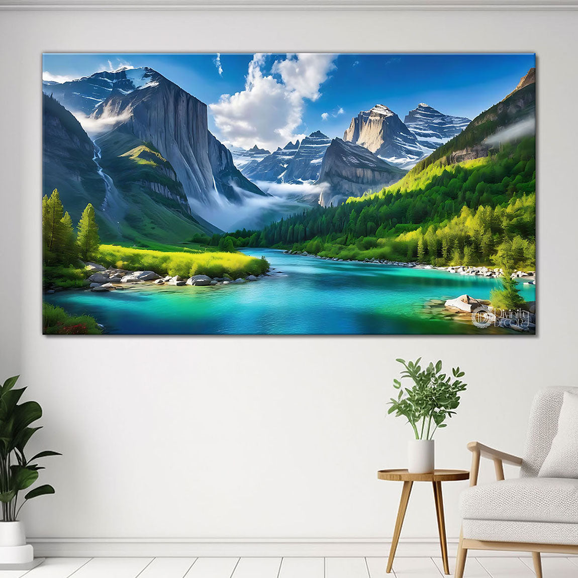 Mountains with river and cloudy sky in textured painting Canvas Painting - Nature Art -101
