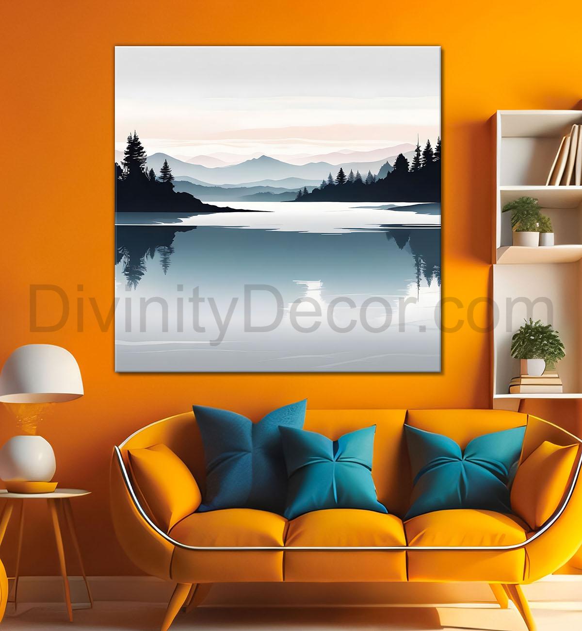 Mountains with river and trees water colour painting  24X24 - Nature Art -S-101