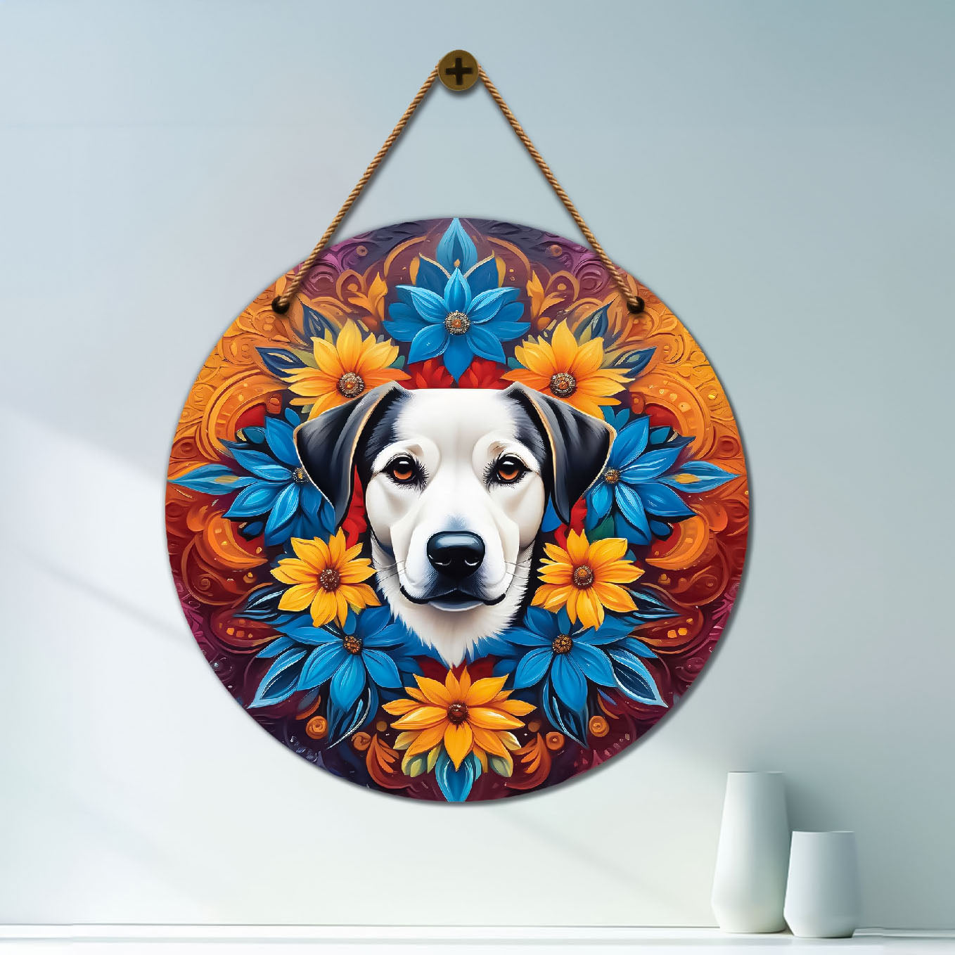 Dog in blue and floral mandala Round Wooden Wall Hanging for wall Décor - Design - 102