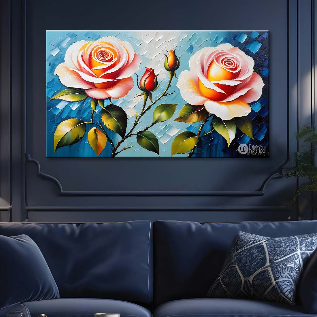 Pink flowers with blue textured background painting- Design - Flower-102