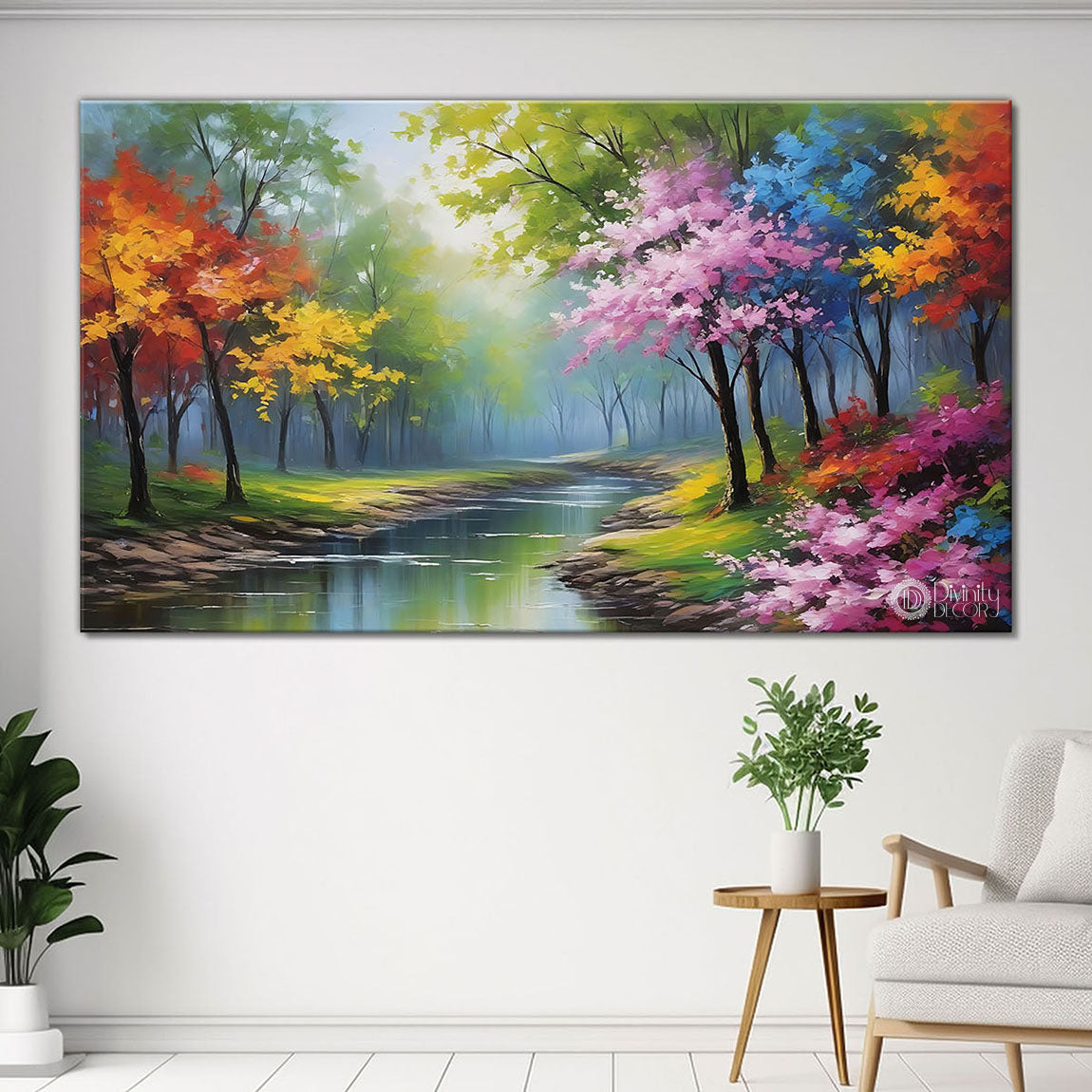 Colorful trees with lake in textured natural painting Canvas Painting - Nature Art -102
