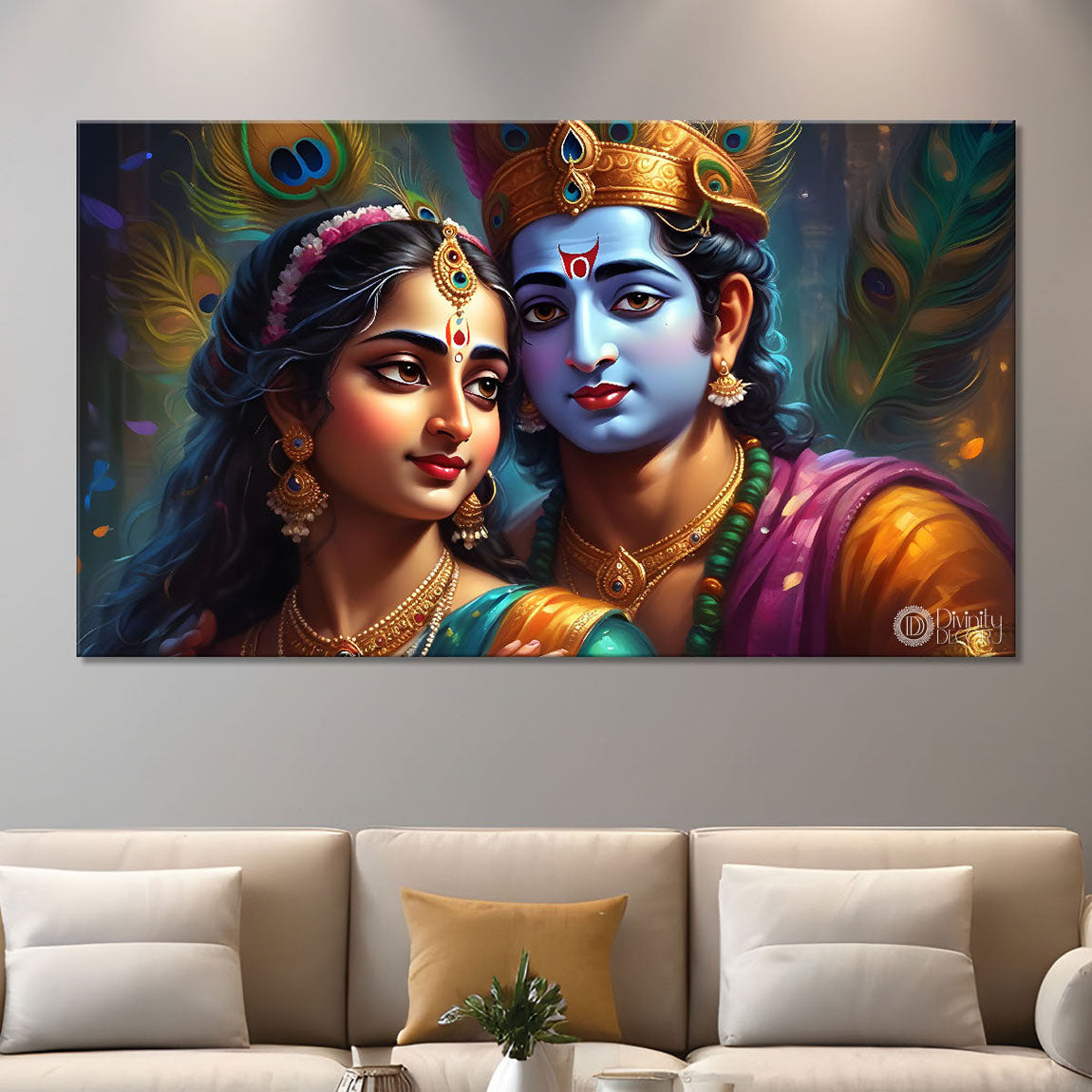 Krishna and Radha with peacock feathers painting Canvas Painting - Design - Krishna-102