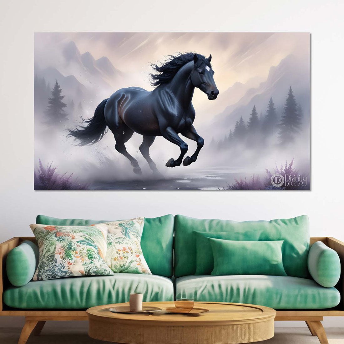 Black running horse with mountains and trees in white textured background art Canvas Painting - Design - Horse-102
