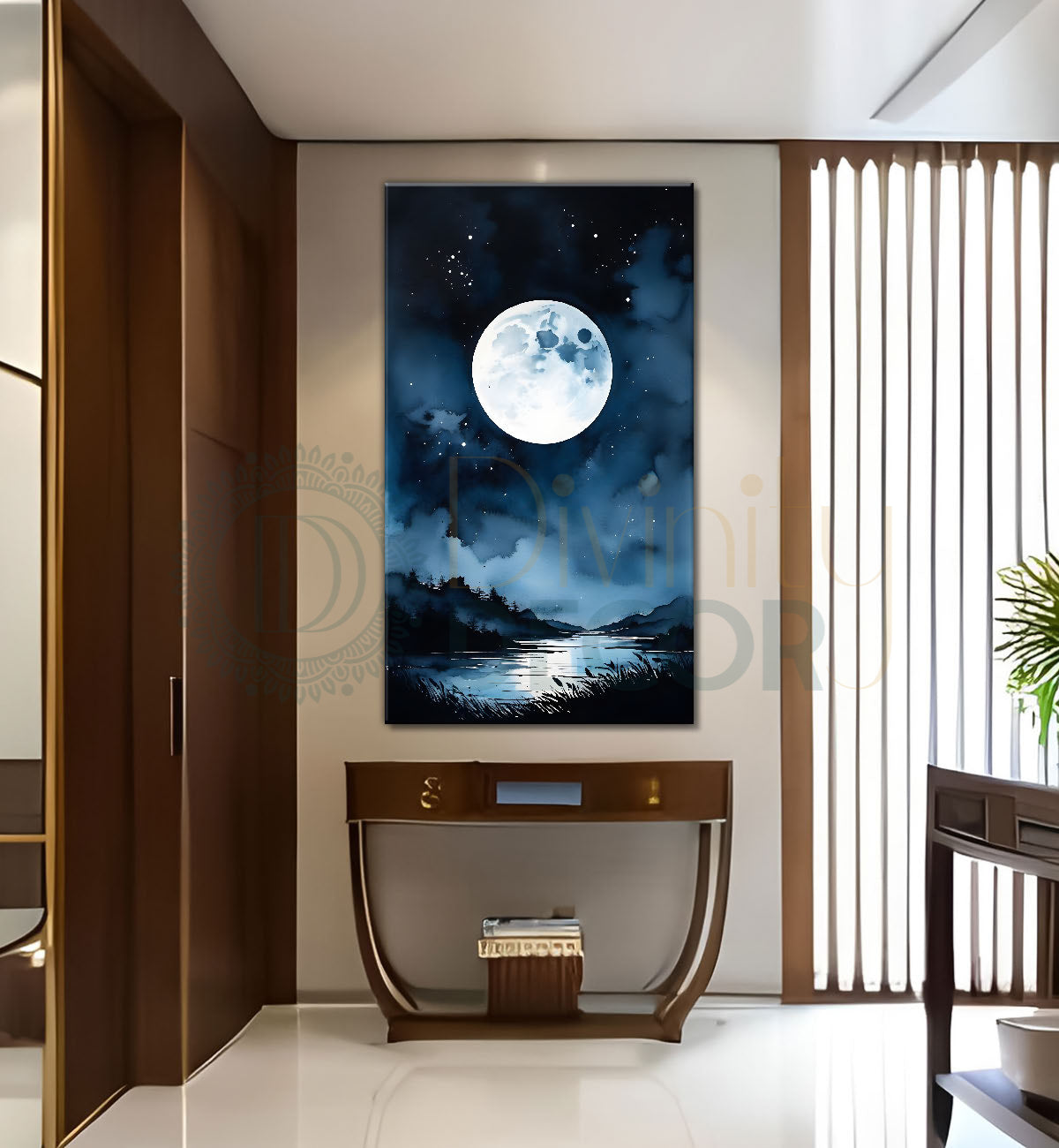 Lake with mountains and moon with dark textured painting Canvas Painting - Nature Art -V-102