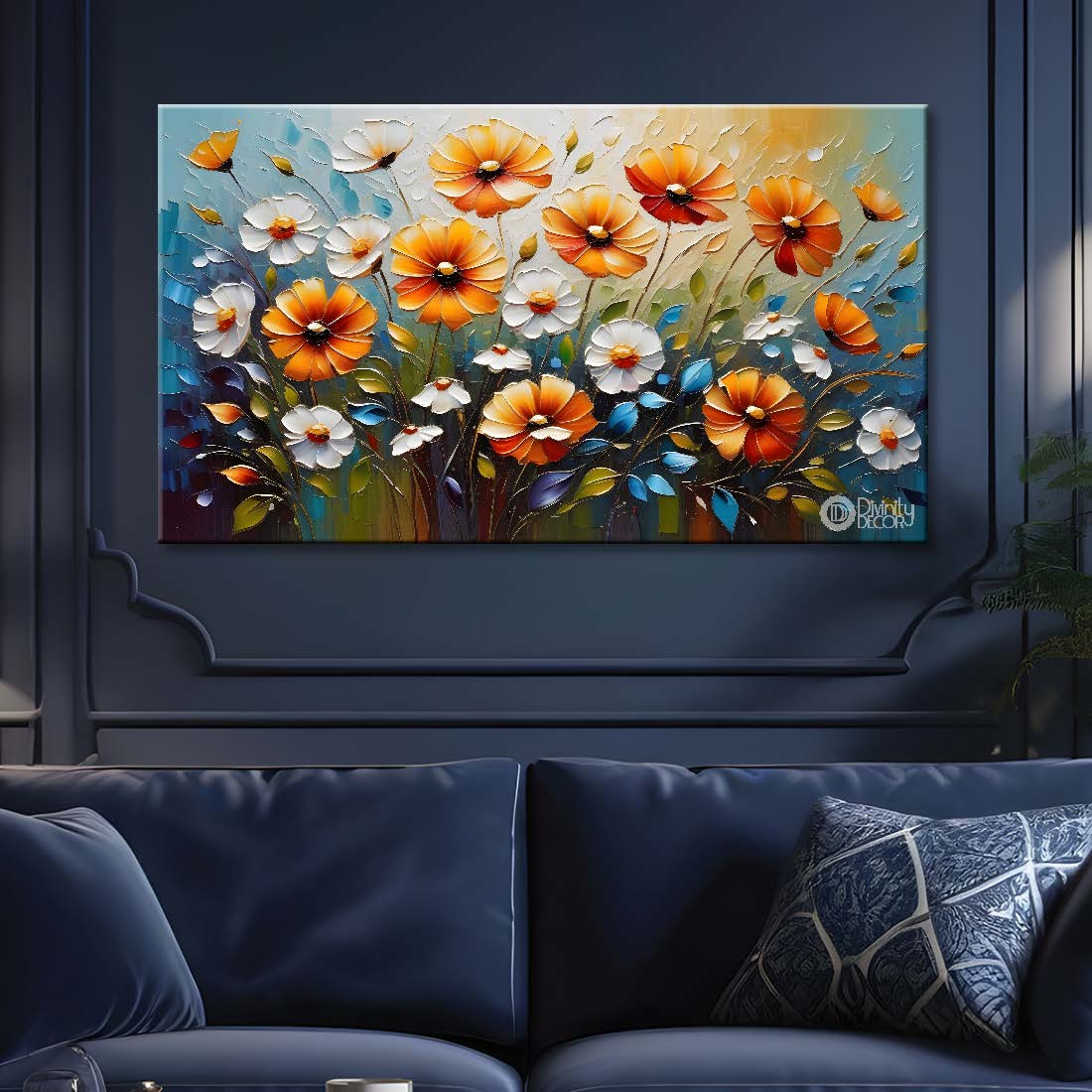 Colorful flowers with blue textured background painting- Design - Flower-103