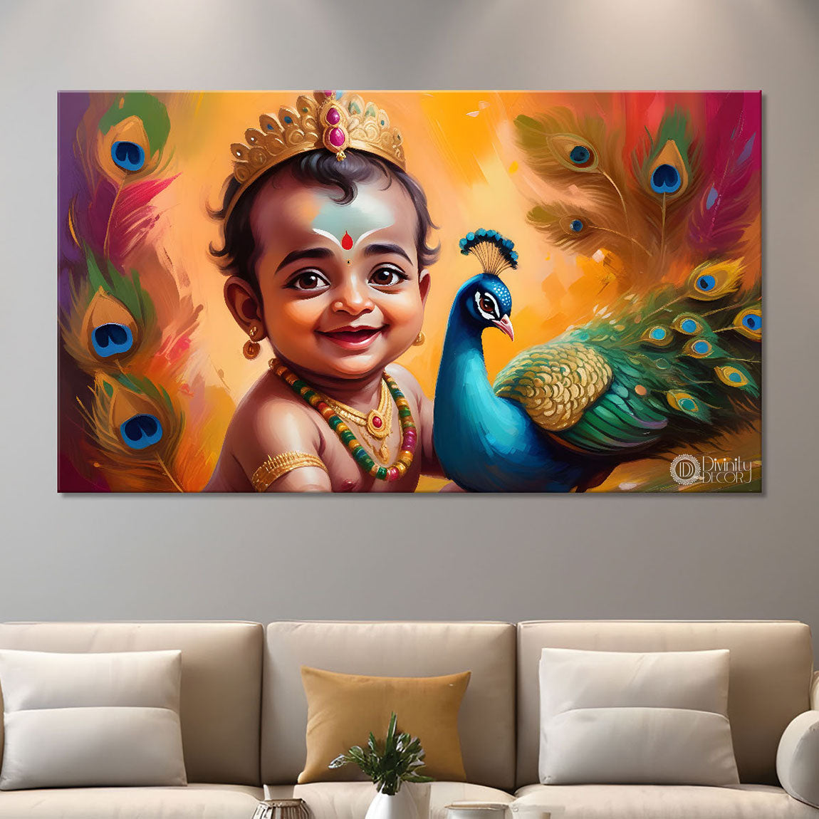Little Krishna with peacock painting Canvas Painting - Design - Krishna-103