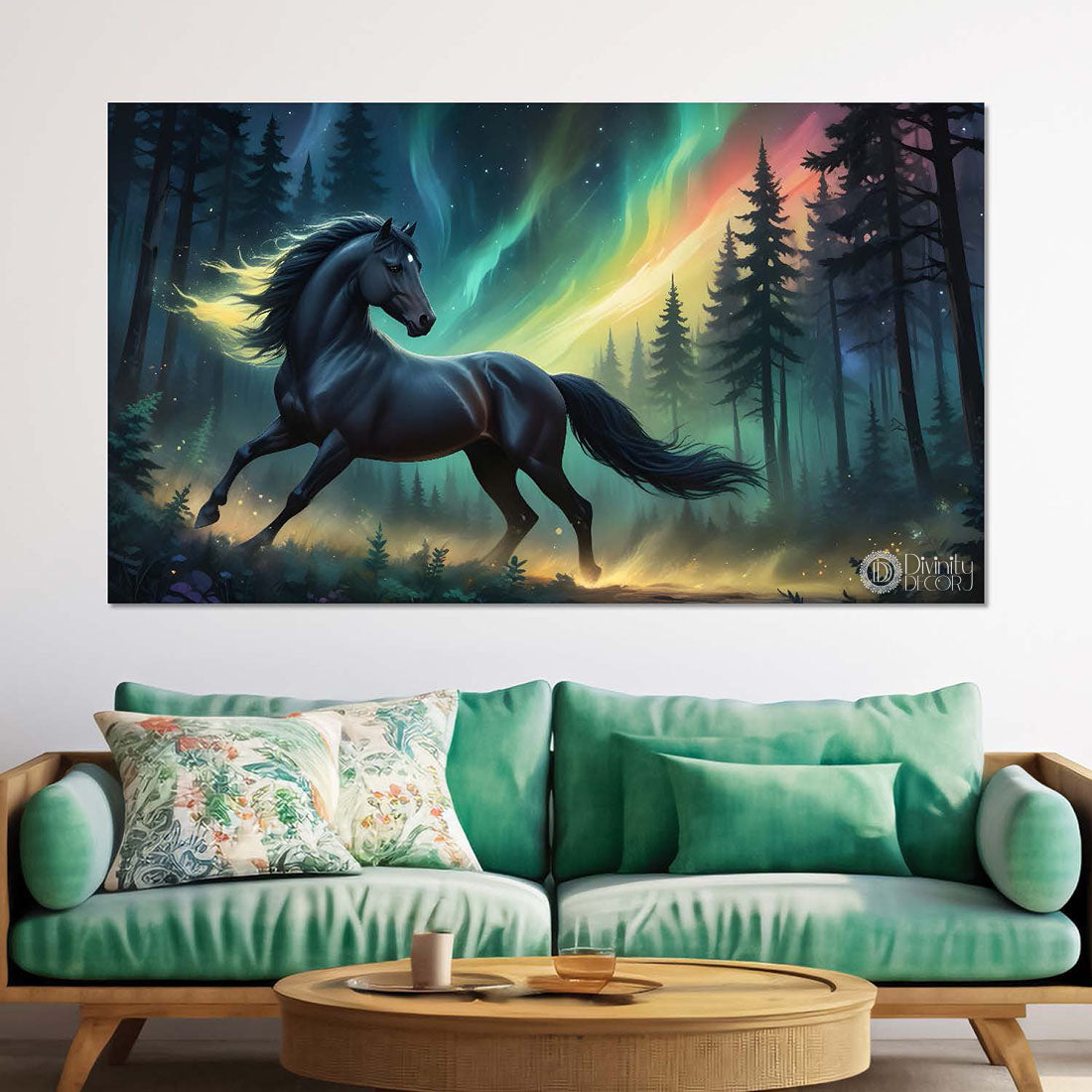 Black running horse with trees and colorful textured background art Canvas Painting - Design - Horse-103