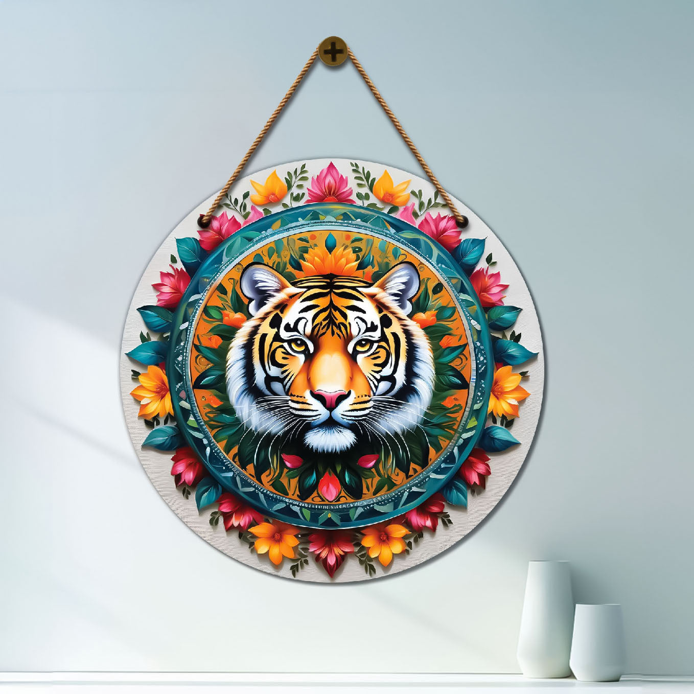 Tiger in green and floral mandala Round Wooden Wall Hanging for wall Décor - Design - 103