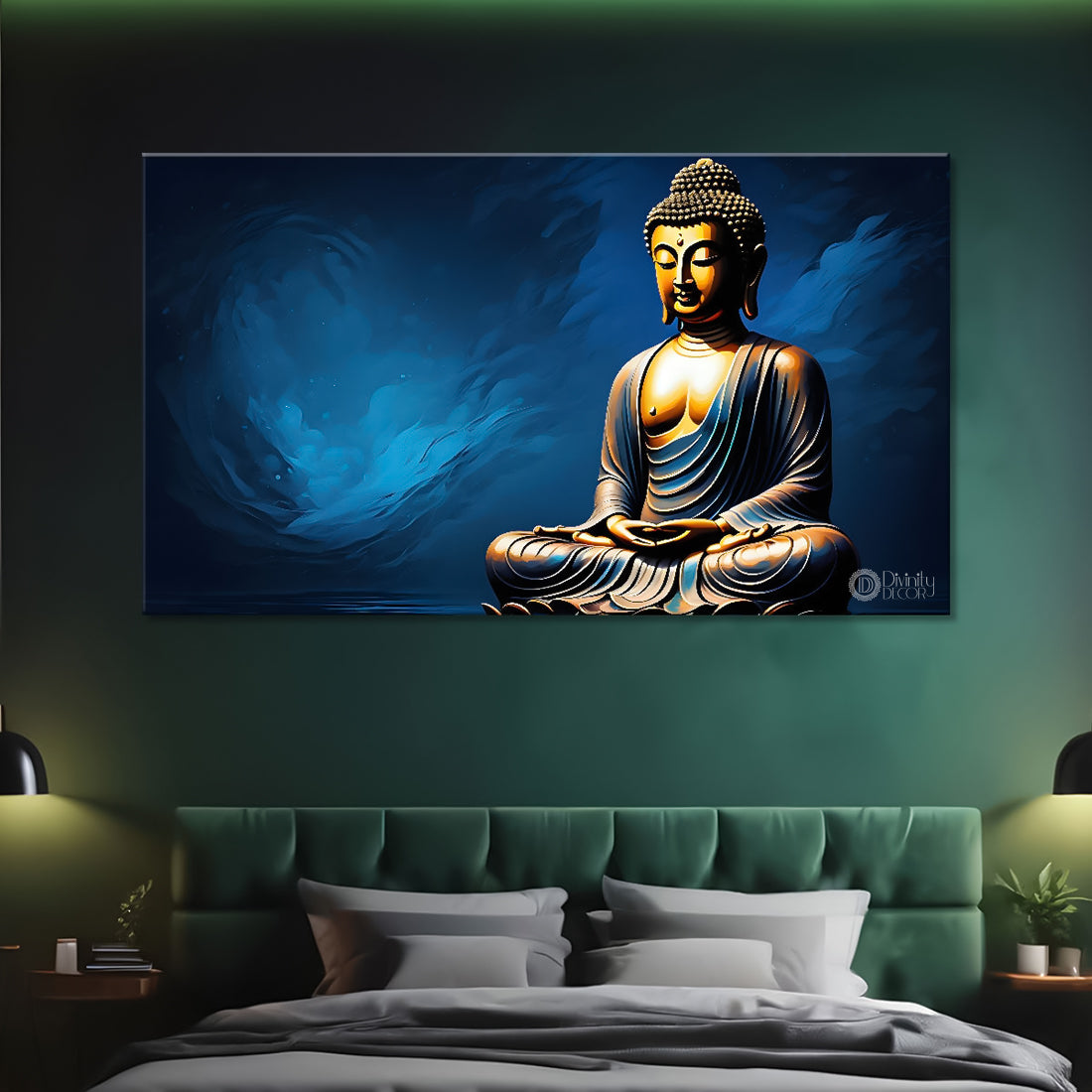 Golden buddha in blue textured background painting Canvas Wall Painting - Buddha-103
