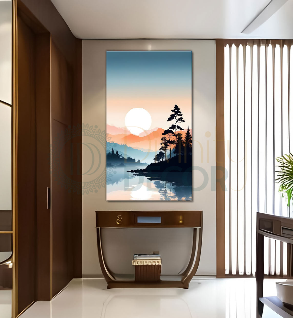 Mountains with sun and tree in textured water colour paintijng Canvas Painting - Nature Art -V-104