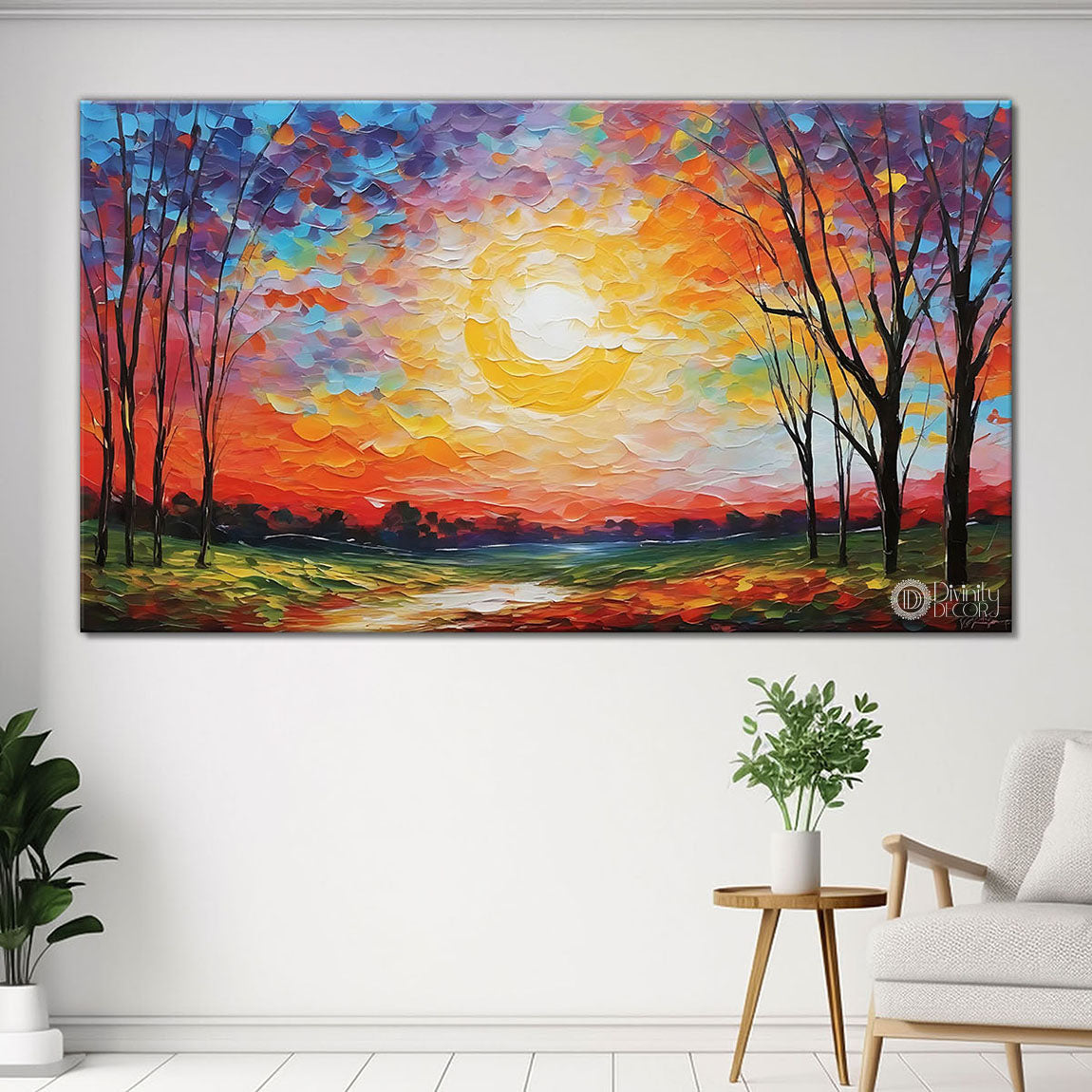 Trees with colorful sky and lake in textured painting Canvas Painting - Nature Art -104