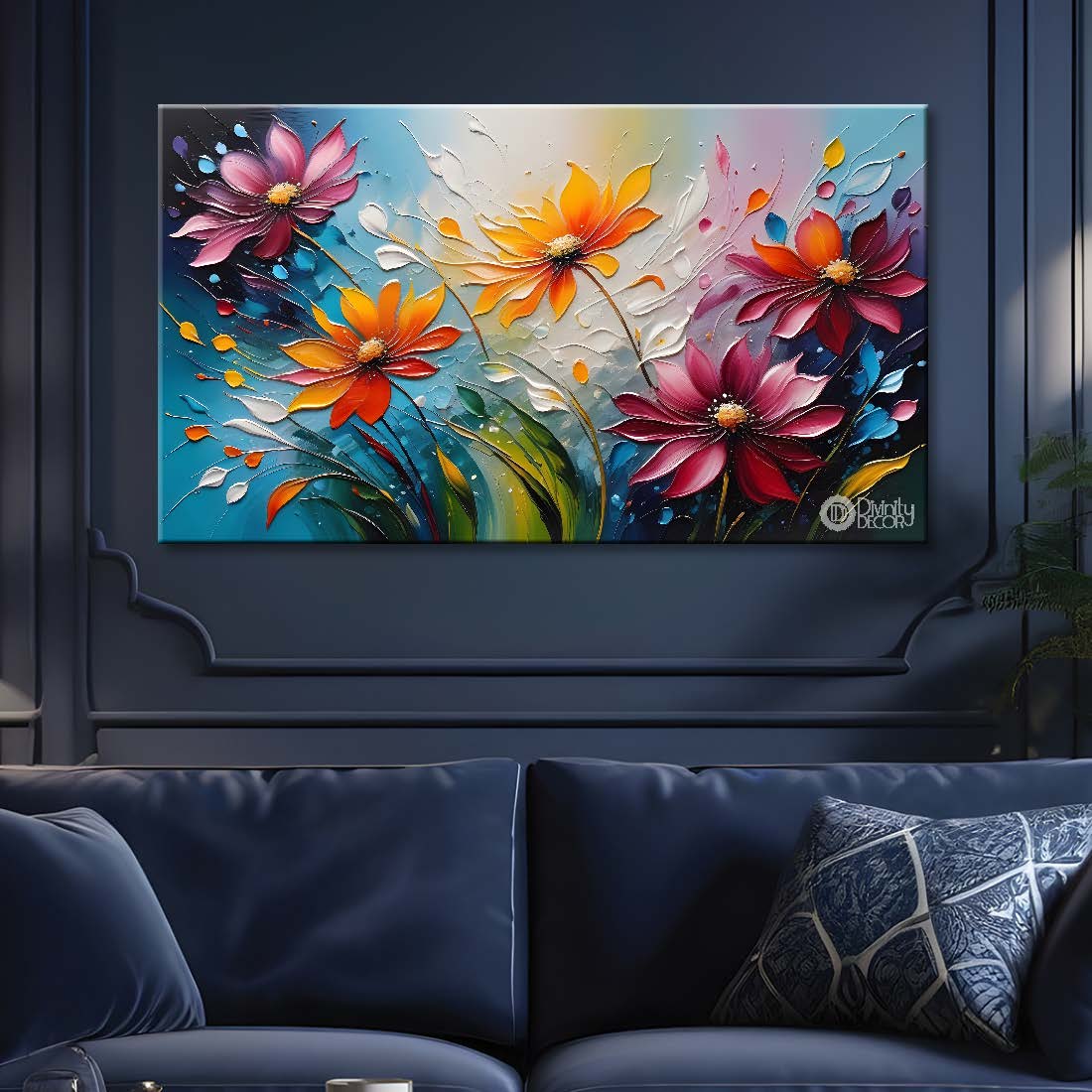 Colorful flowers with blue textured background painting- Design - Flower-104