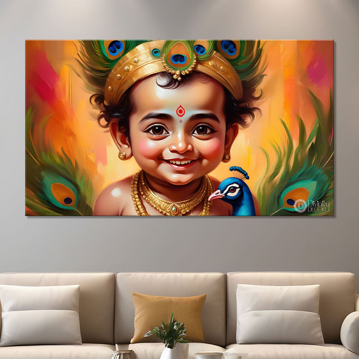 Little Krishna with peacock painting Canvas Painting - Design - Krishna-104