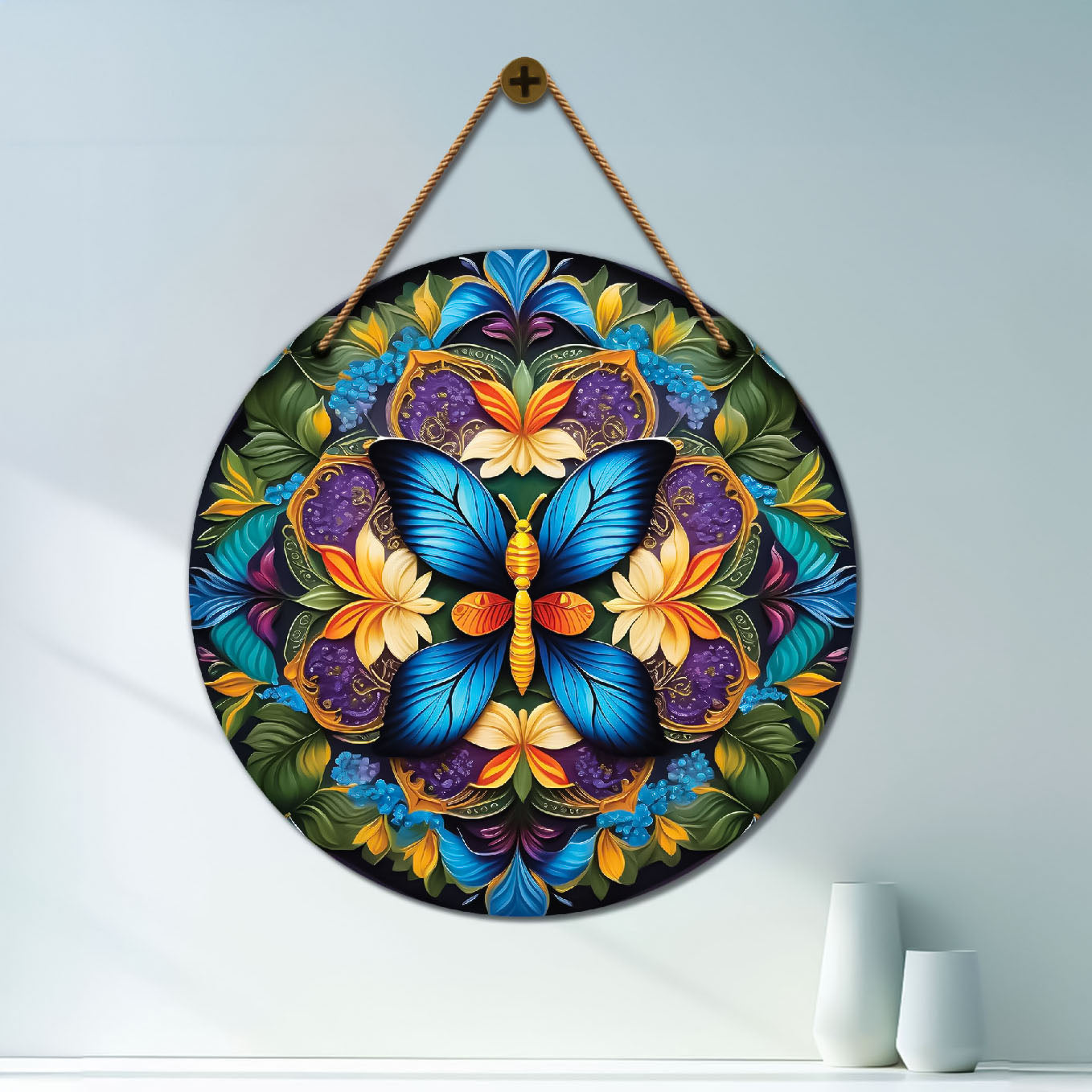 Butterfly in green and blue mandala Round Wooden Wall Hanging for wall Décor - Design - 104