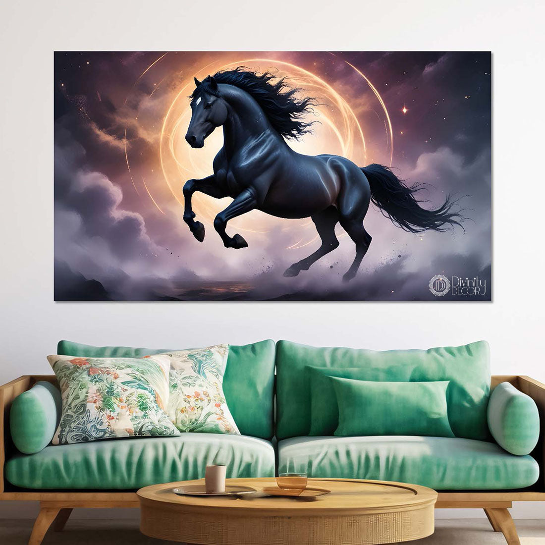 Black running horse with yellow chakra and grey textured background art Canvas Painting - Design - Horse-104