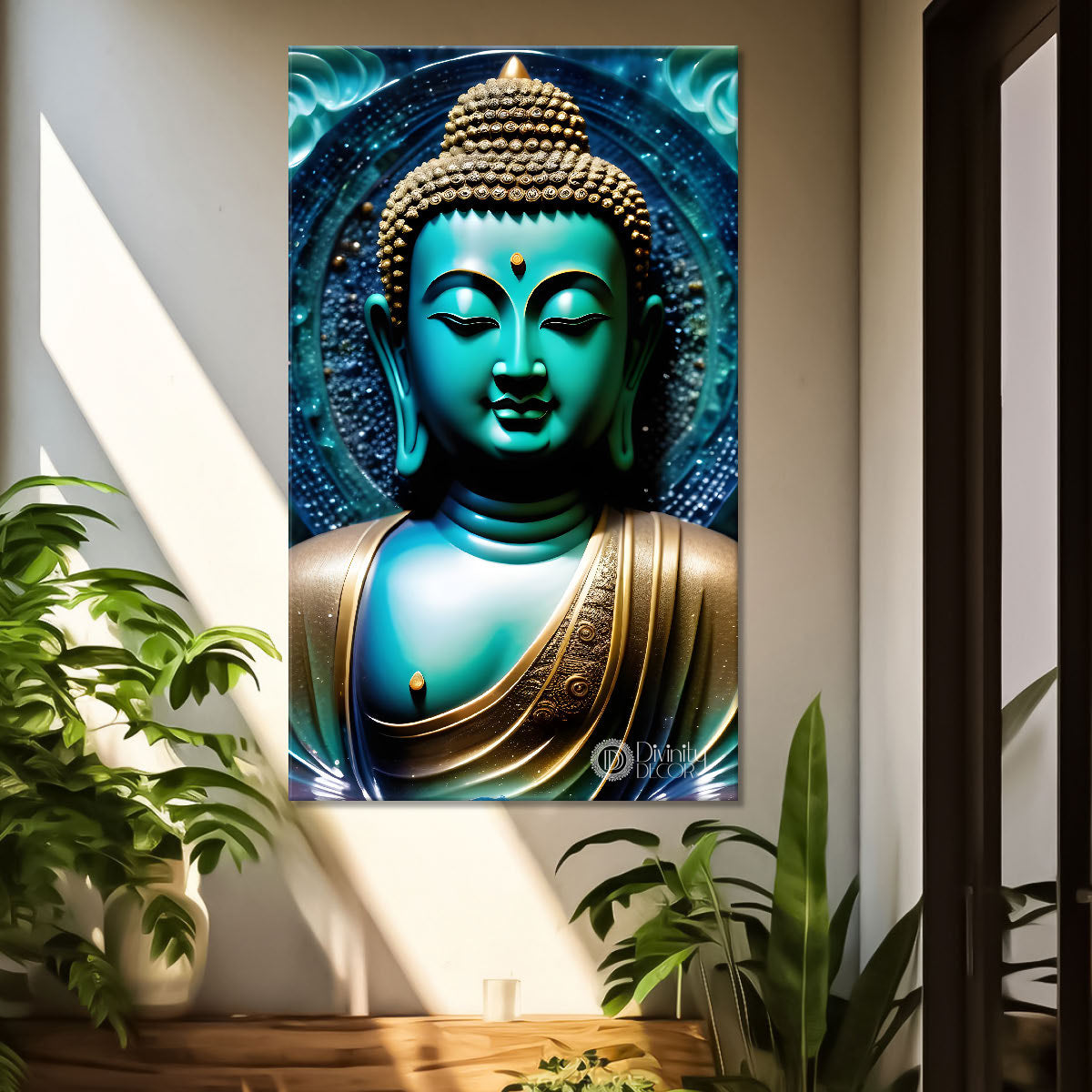 Blue buddha with blue textued painting - Buddha-V-104