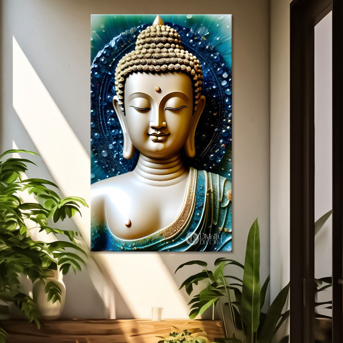 White buddha with blue background painting - Buddha-V-105