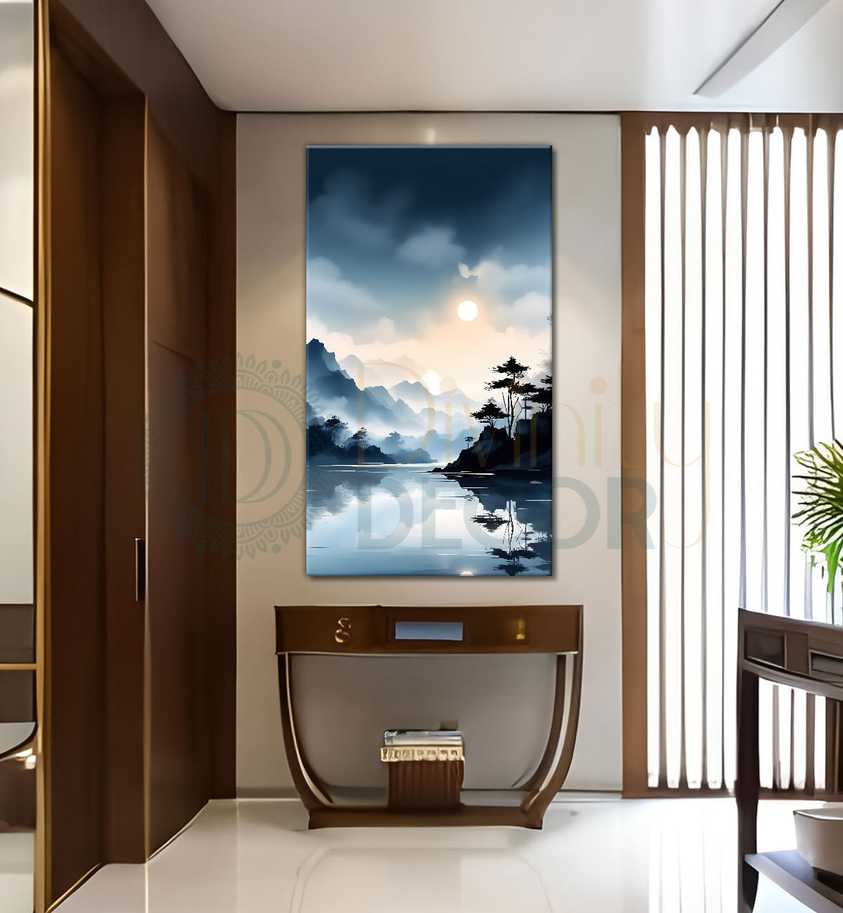 Mountains with river in cloudy sky in textured water colour painting Canvas Painting - Nature Art -V-105