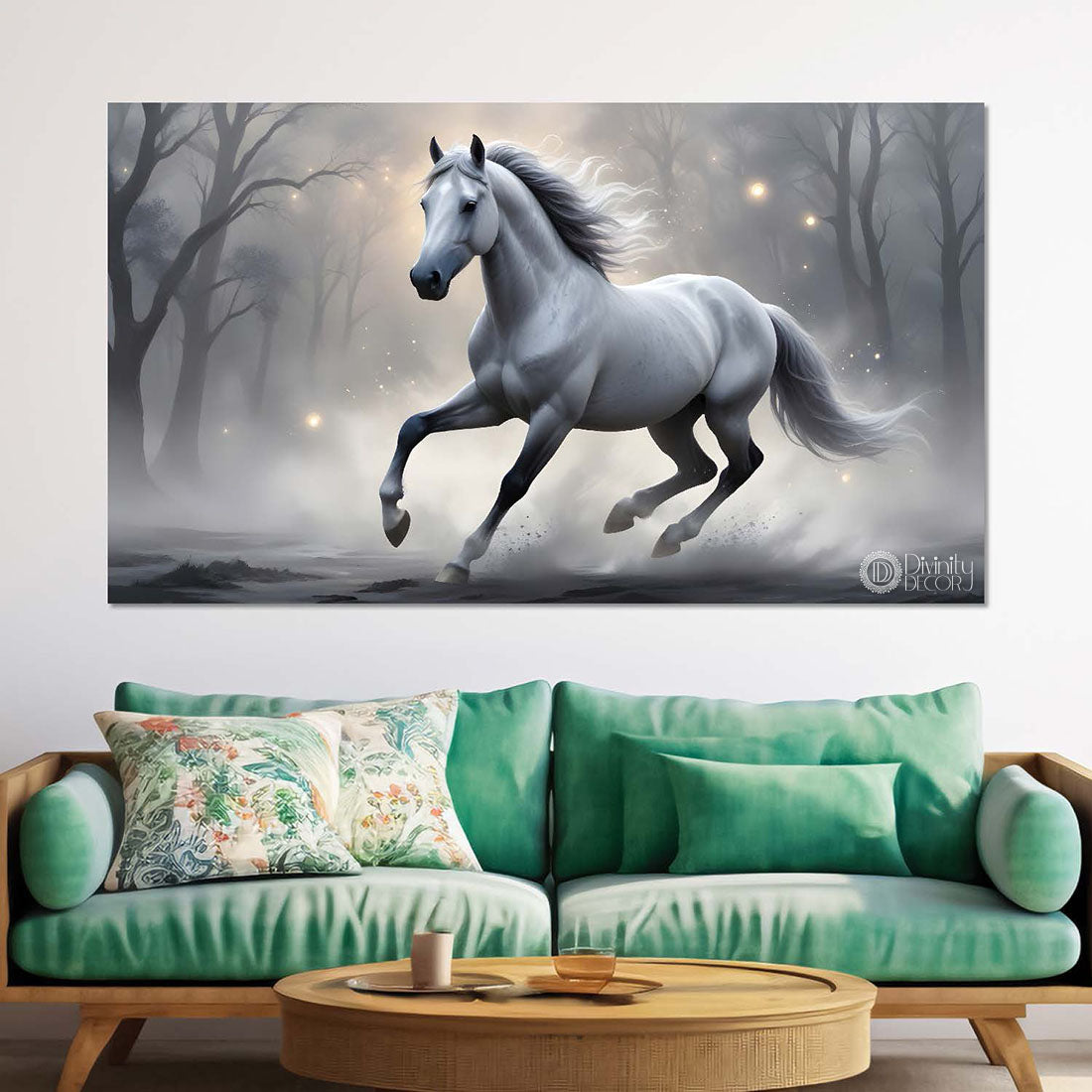 White running horse with trees and white textured background art Canvas Painting - Design - Horse-105