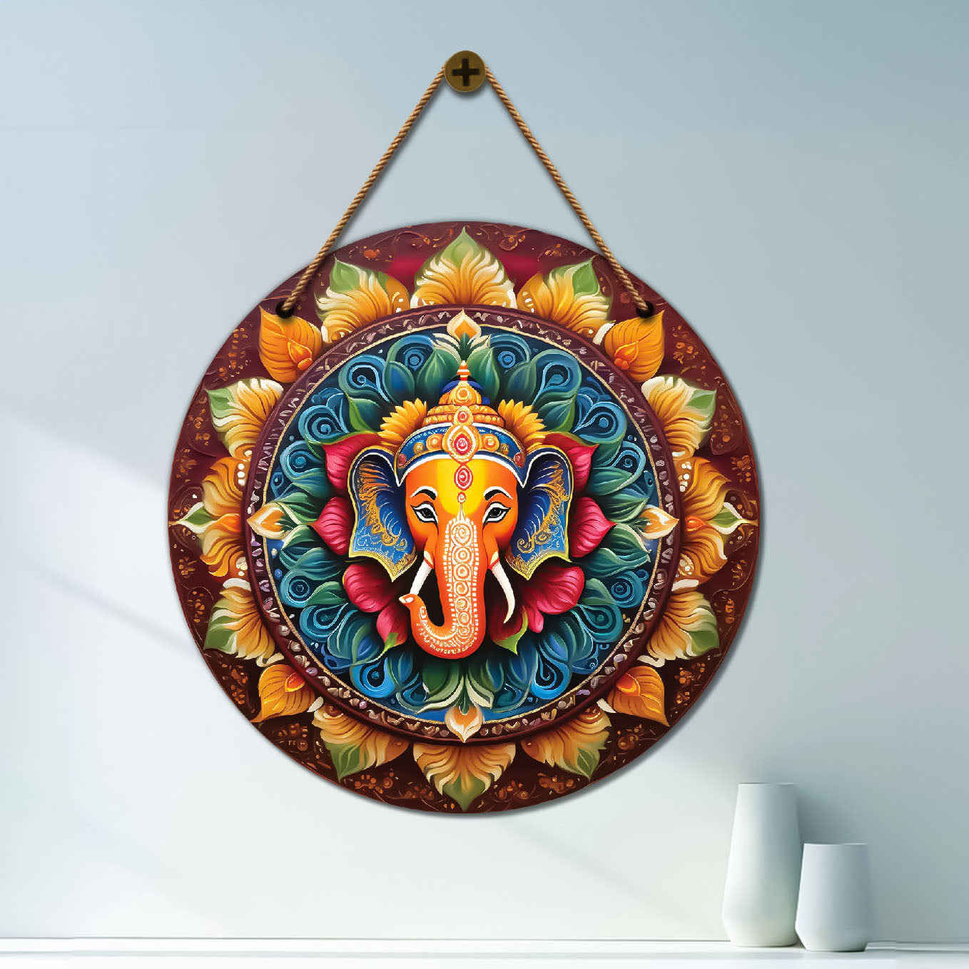 Ganesh Ji in yellow and blue mandala Round Wooden Wall Hanging for wall Décor - Design - 105