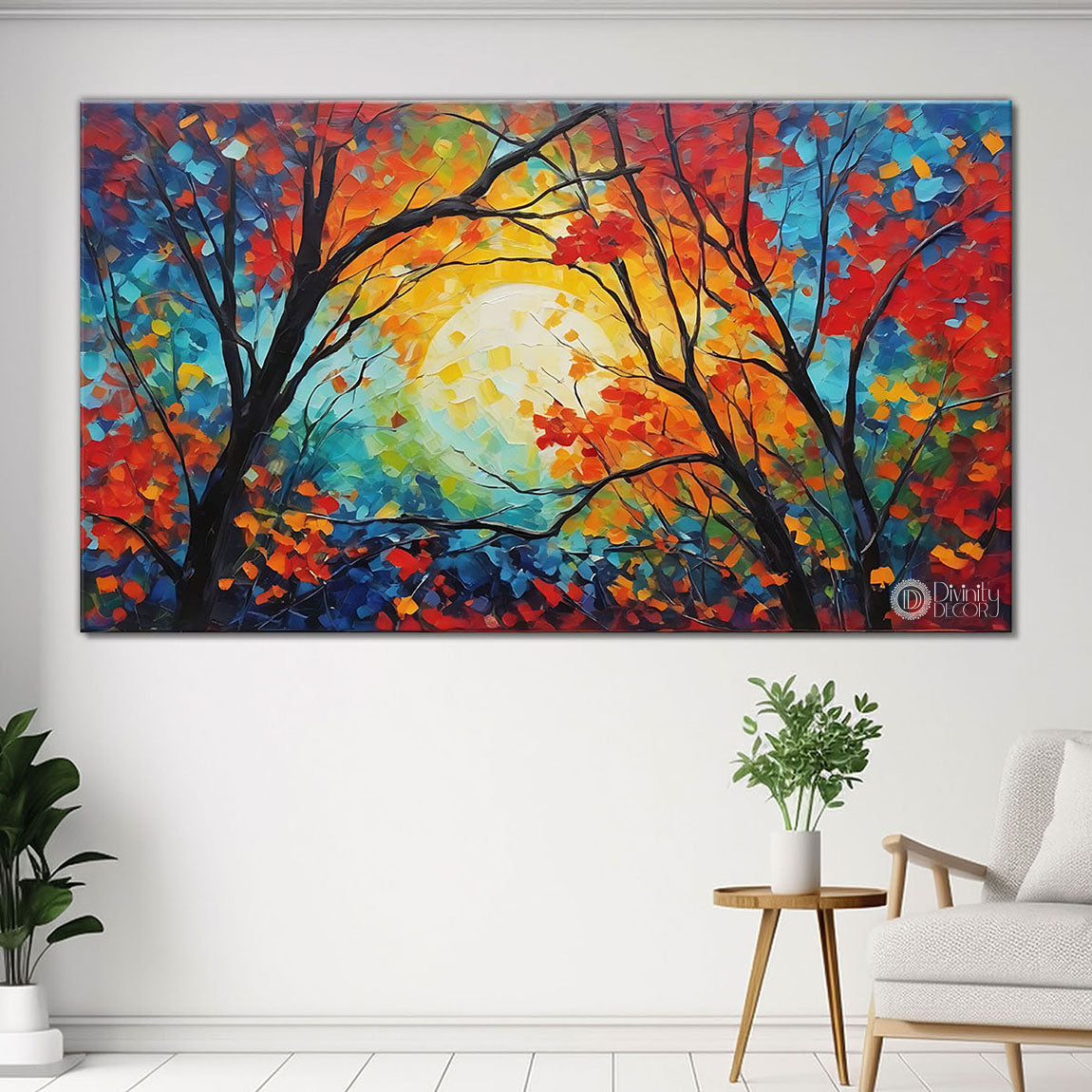 Colorful trees with sun in textured painting Canvas Painting - Nature Art -105