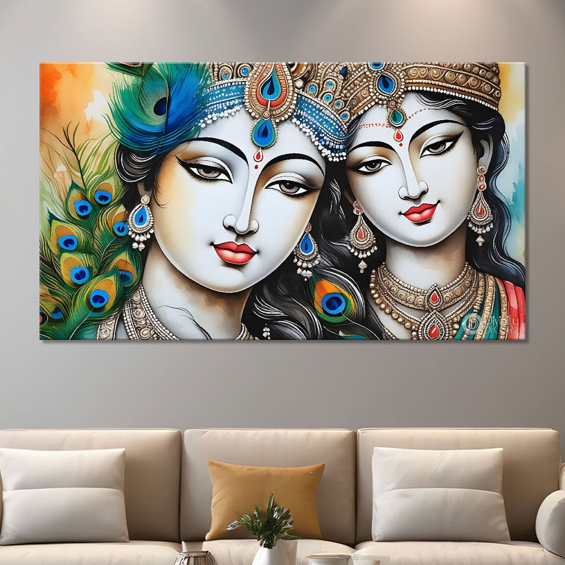Krishna and Radha with peacock feathers painting Canvas Painting - Design - Krishna-106