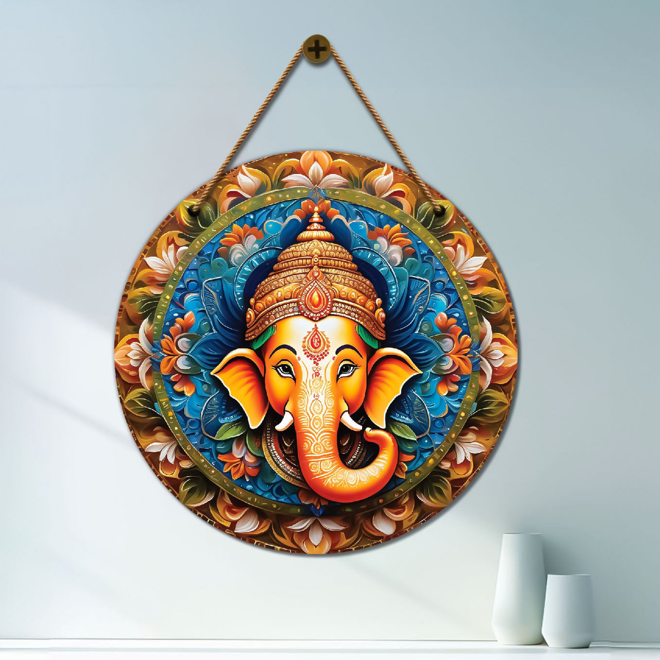 Ganesh Ji in blue and brown mandala Round Wooden Wall Hanging for wall Décor - Design - 106