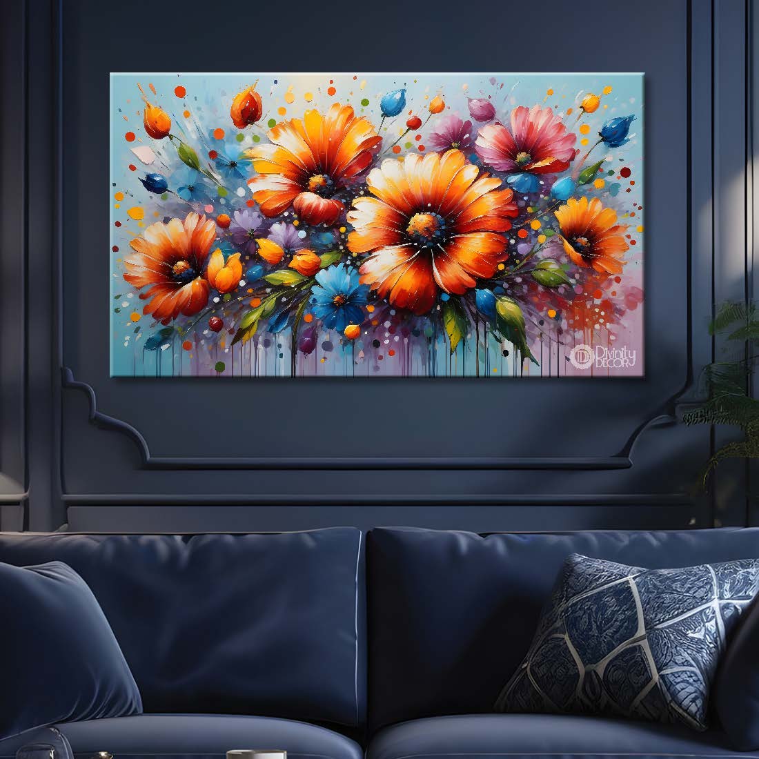Colorful flowers with blue textured background painting- Design - Flower-106