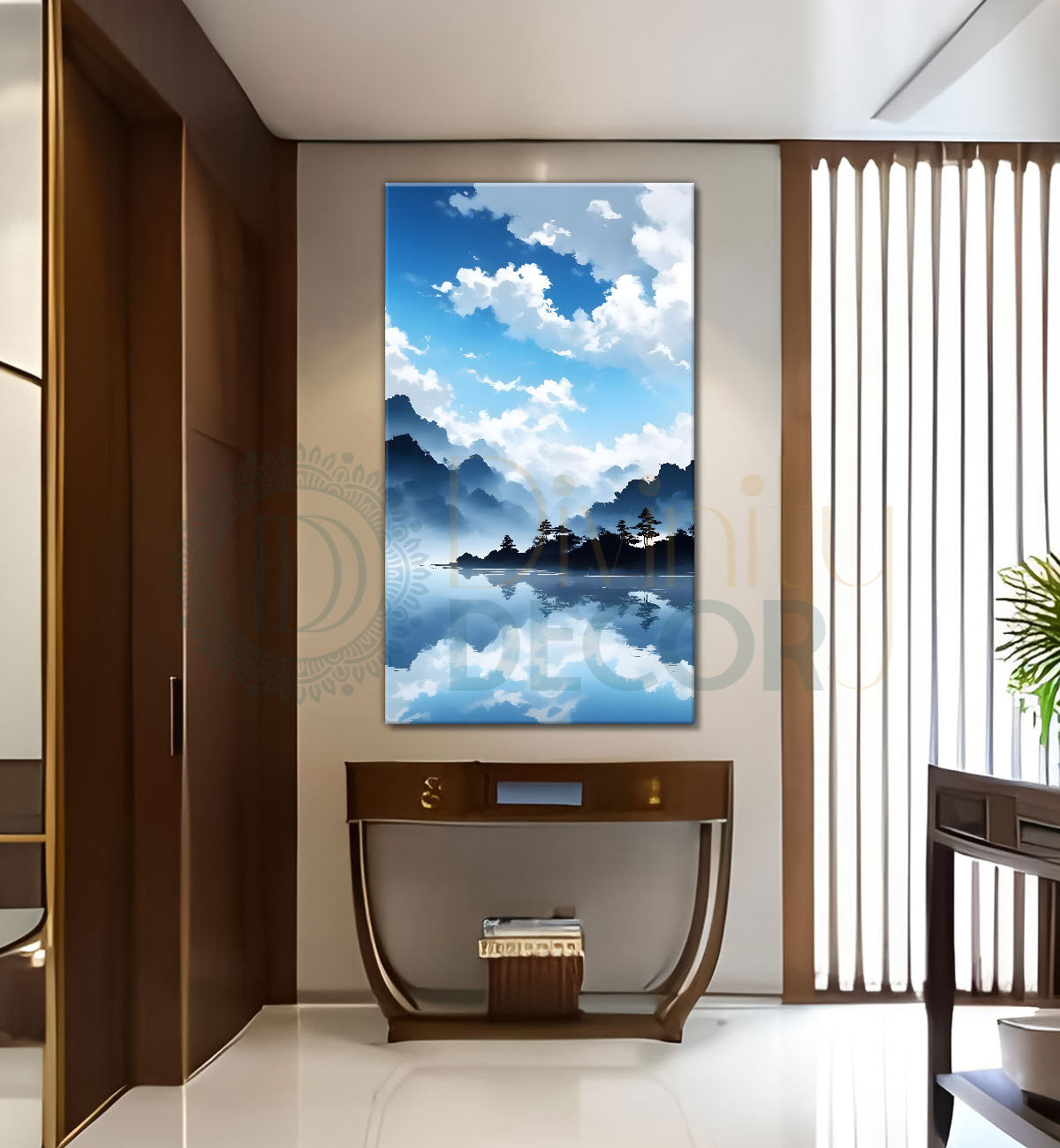 Mountains with river in cloudy sky in textured water colour painting Canvas Painting - Nature Art -V-106