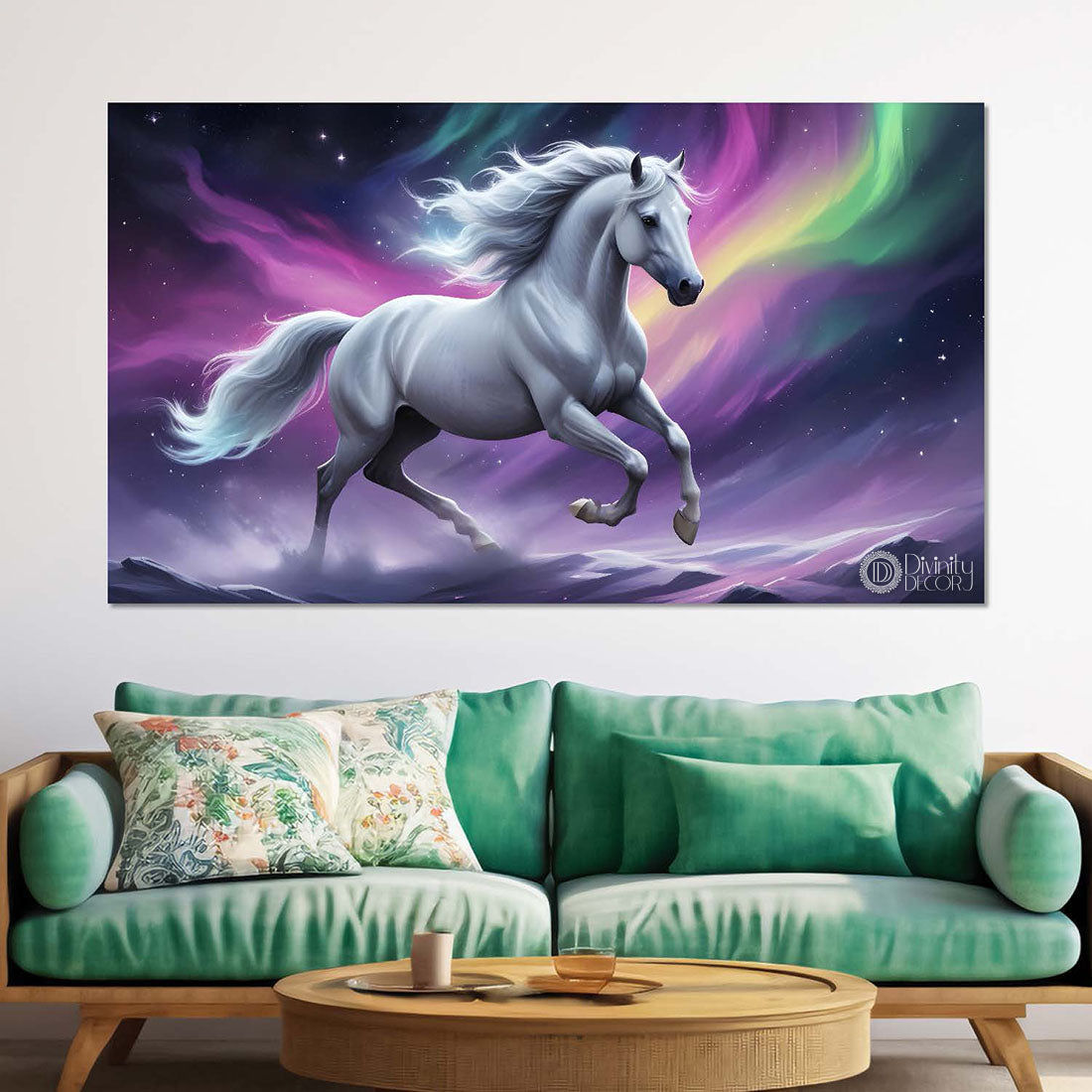 White running horse with purple and green rays textured background art Canvas Painting - Design - Horse-106